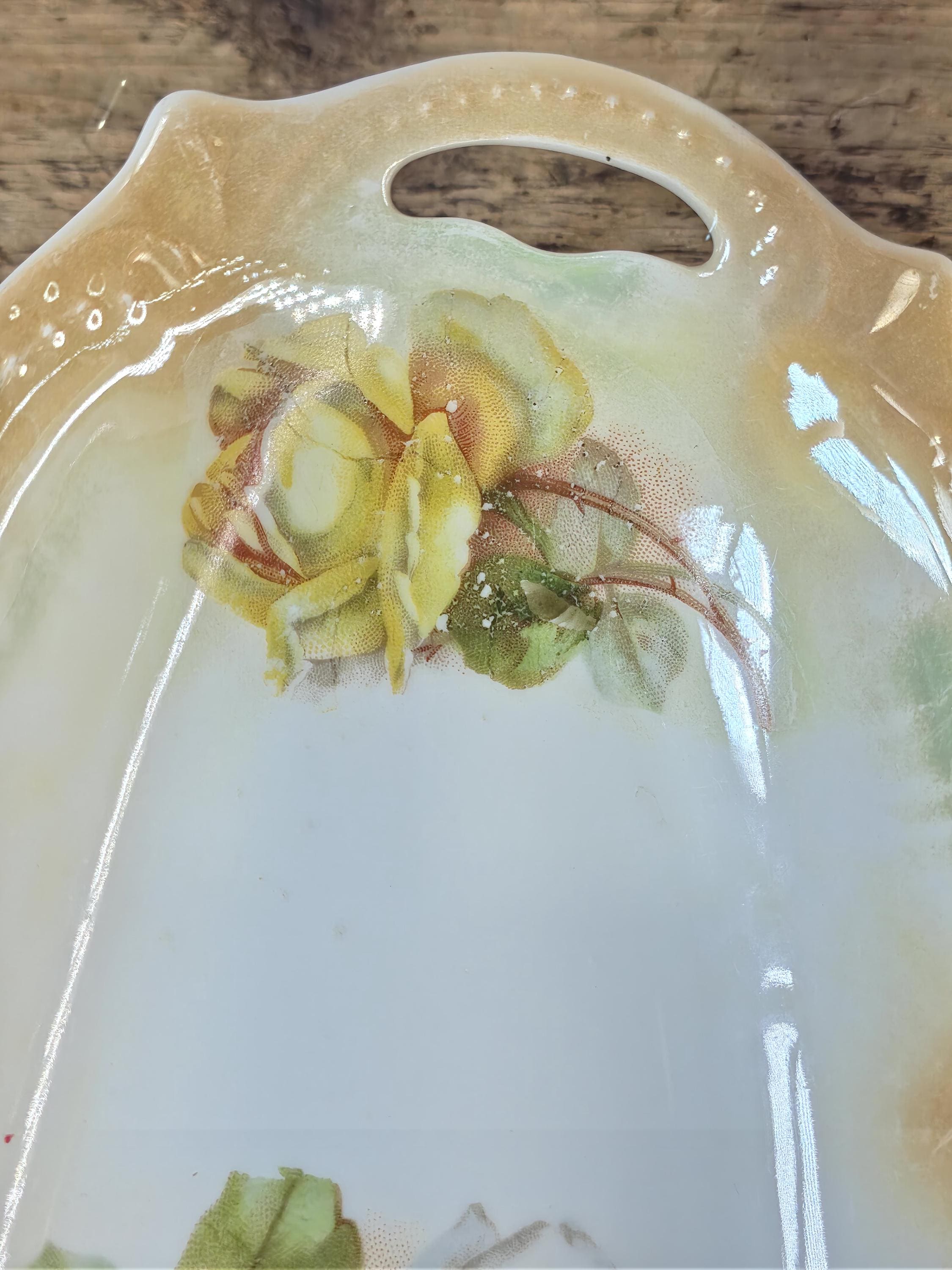 Antique PK Silesia Porcelain Oval Handled Tray Yellow Roses 12.25"