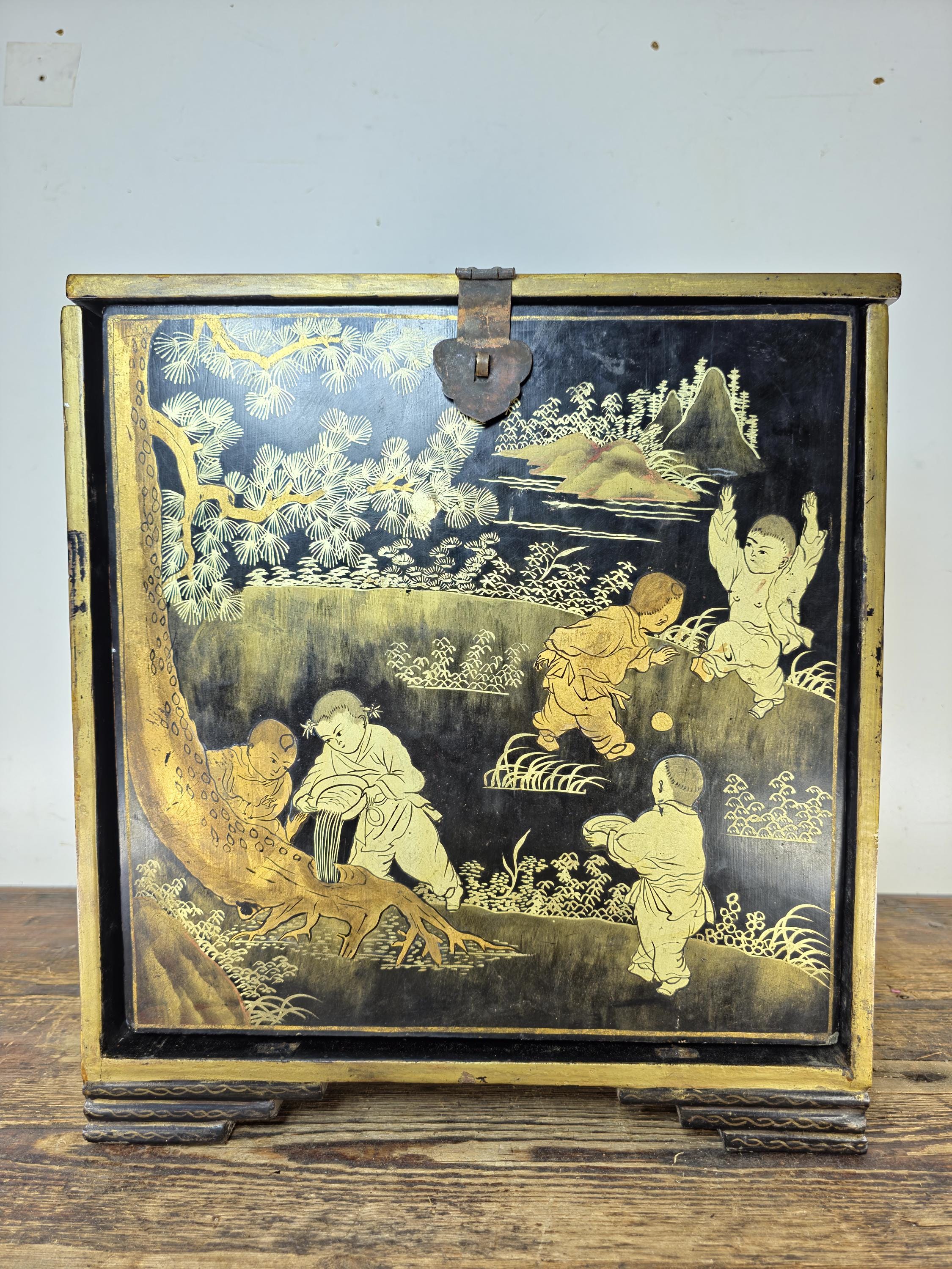 Chinese Antique Lacquer Box, Hundred Boys Motif, Drawers & Lift-Top 14.5"H