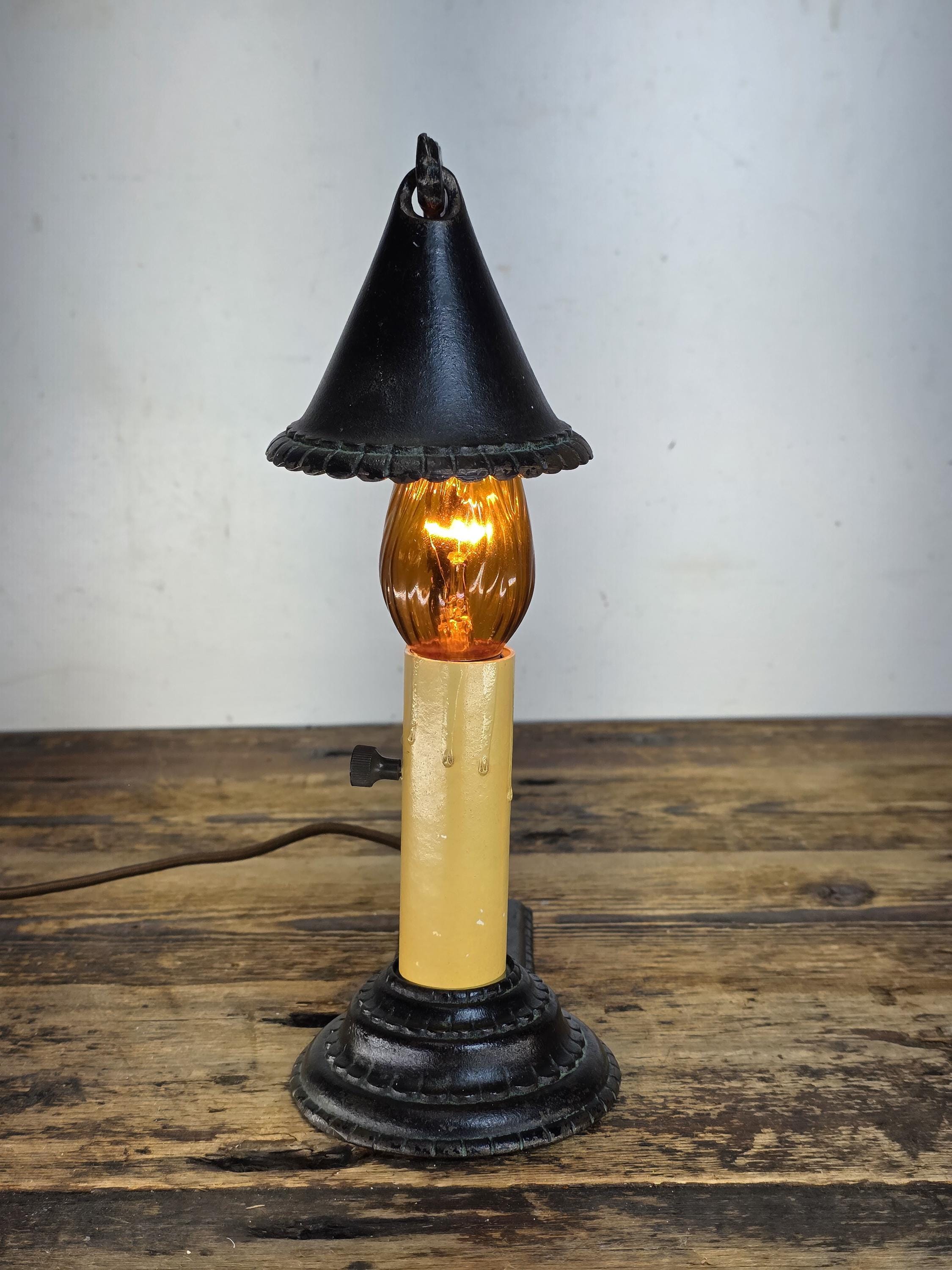 c.1920s Boudoir-Size Cast Iron Candle Lamp w / Hammered Smoke-Bell Shade