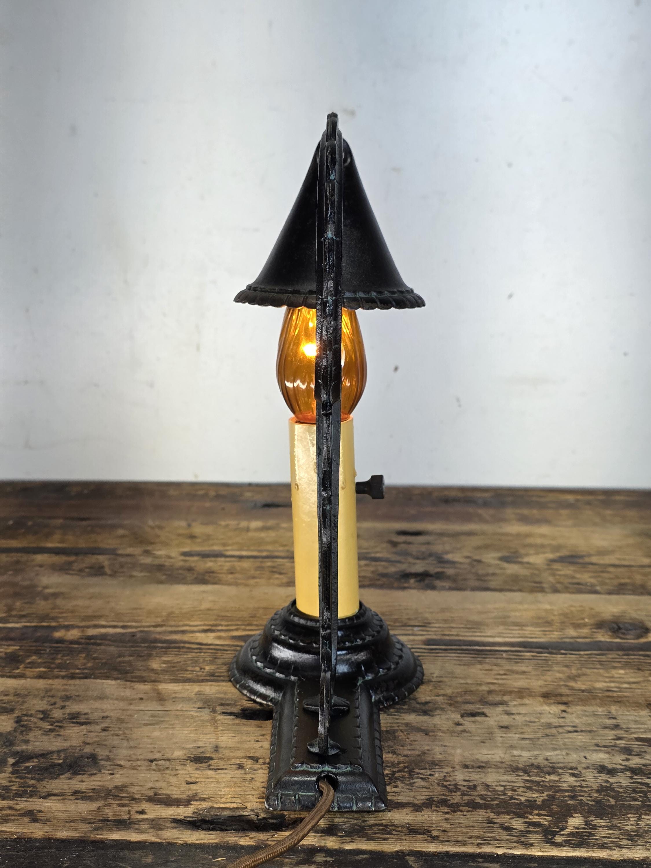 c.1920s Boudoir-Size Cast Iron Candle Lamp w / Hammered Smoke-Bell Shade