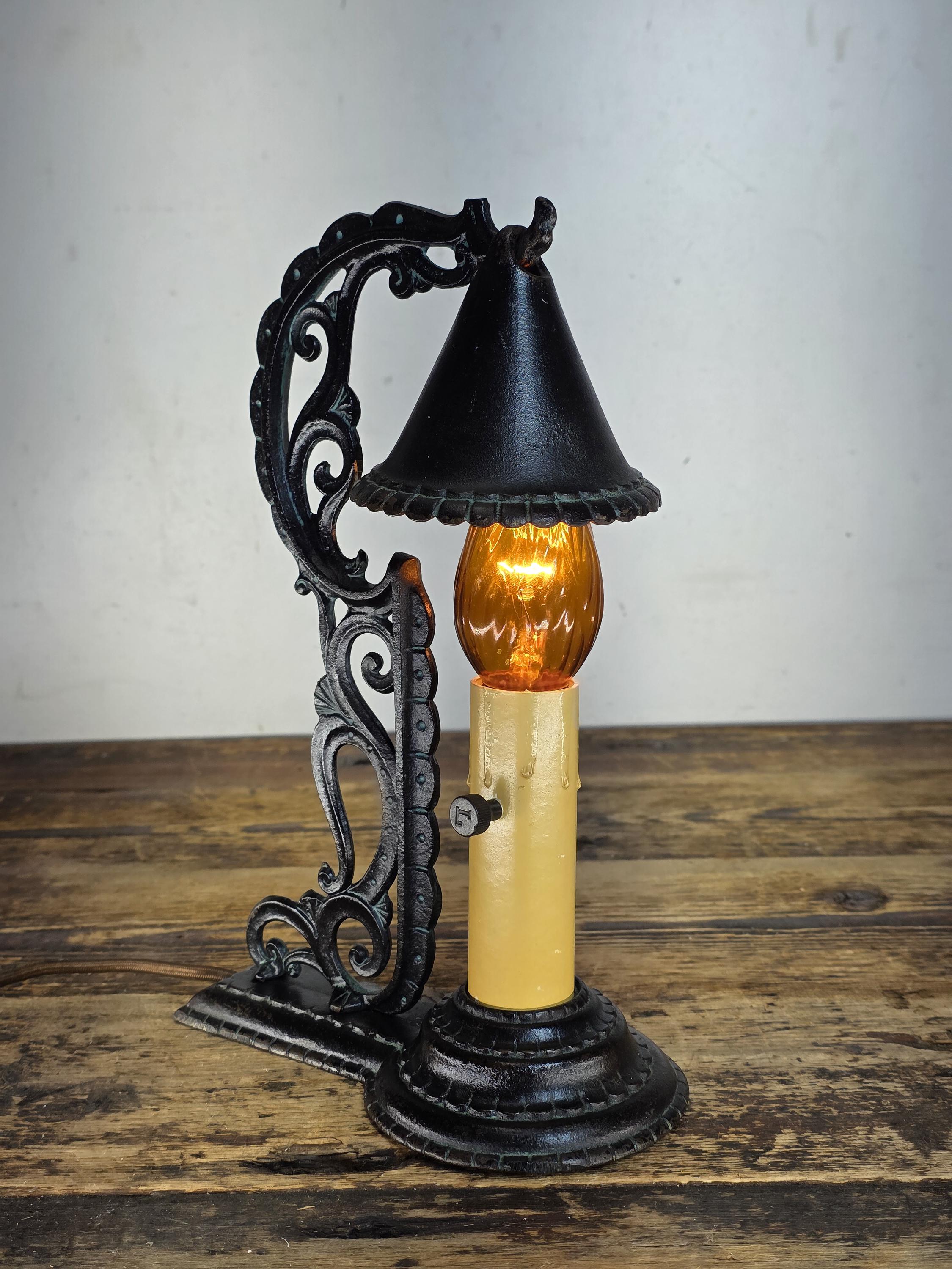 c.1920s Boudoir-Size Cast Iron Candle Lamp w / Hammered Smoke-Bell Shade