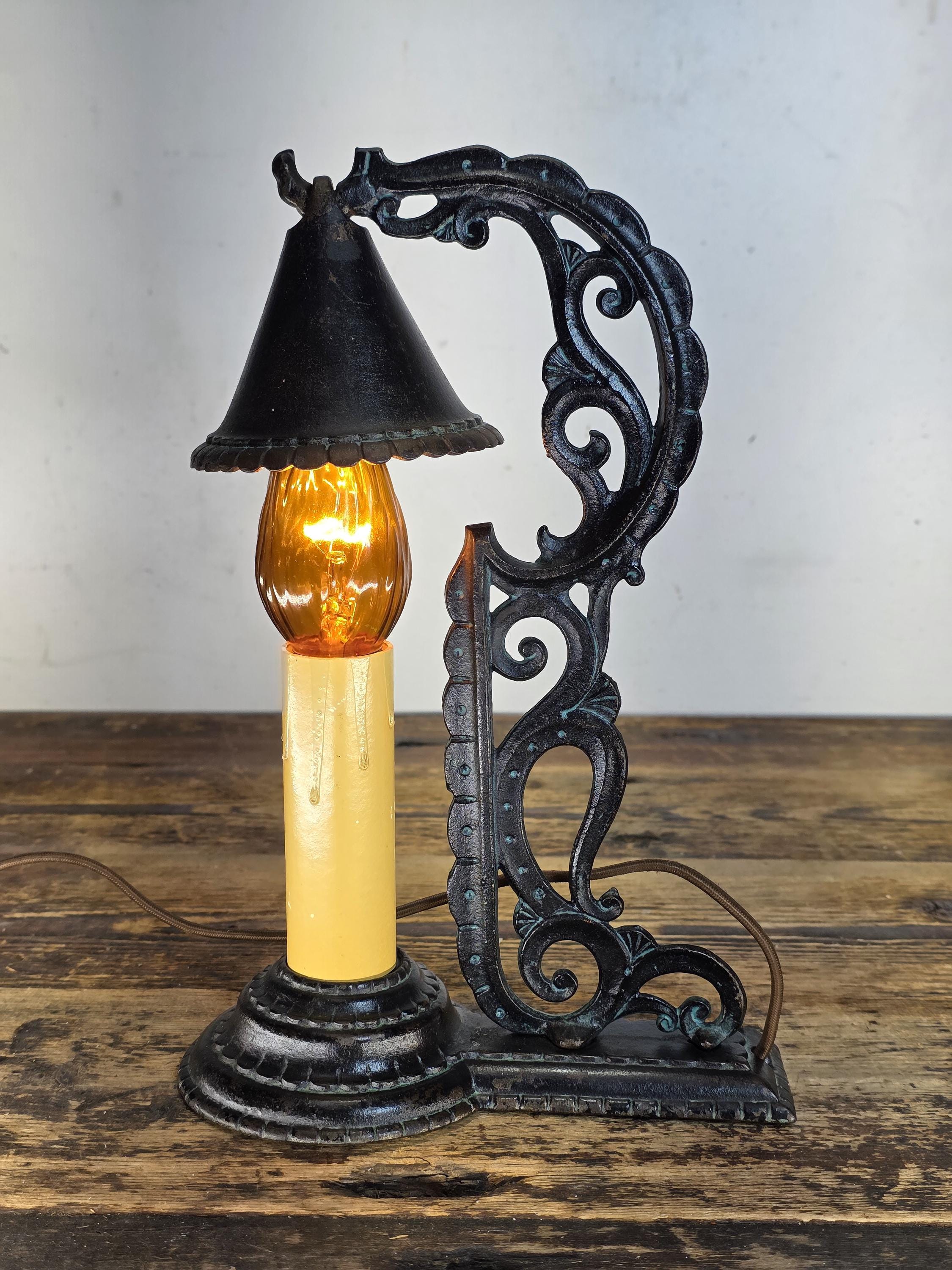 c.1920s Boudoir-Size Cast Iron Candle Lamp w / Hammered Smoke-Bell Shade