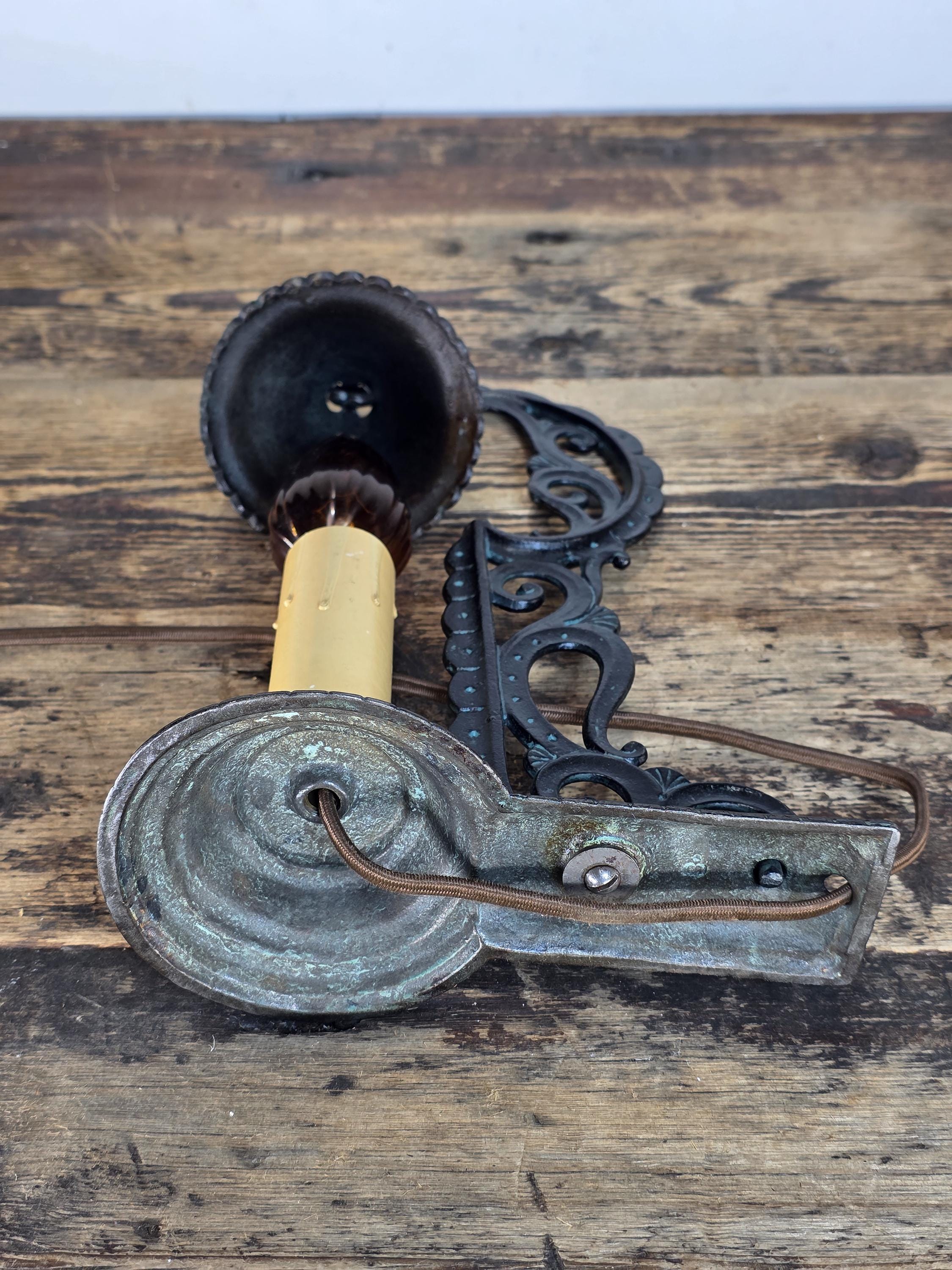 c.1920s Boudoir-Size Cast Iron Candle Lamp w / Hammered Smoke-Bell Shade