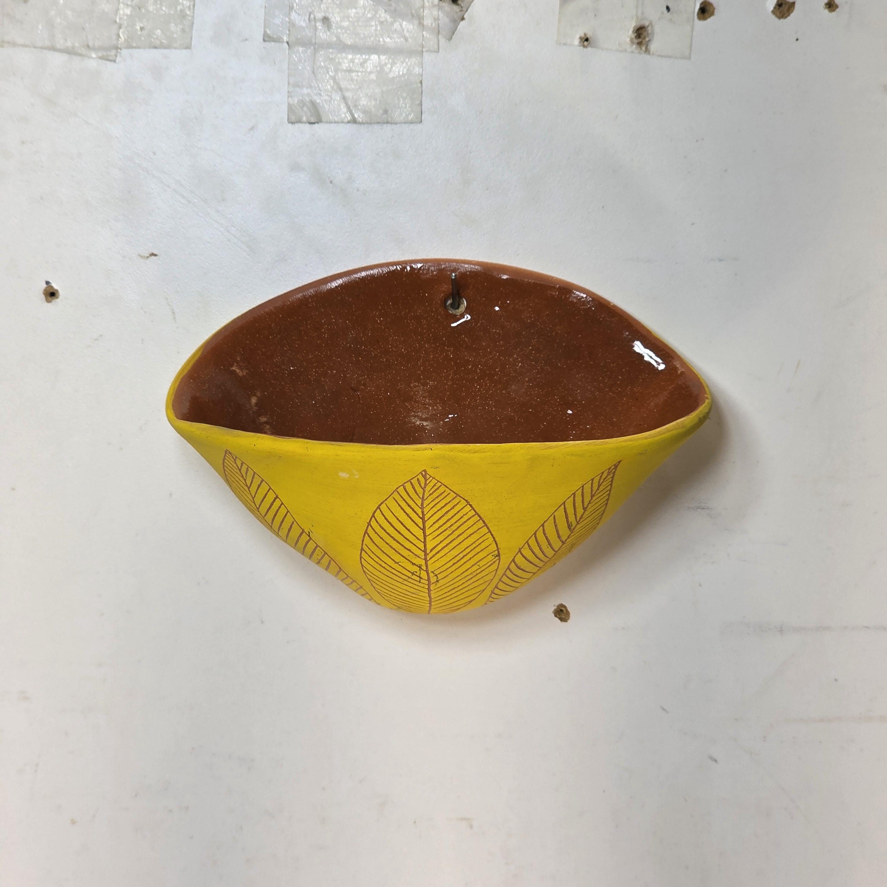 Handmade Terracotta Wall Pocket / Wall Planter (Yellow, Leaf Motif)