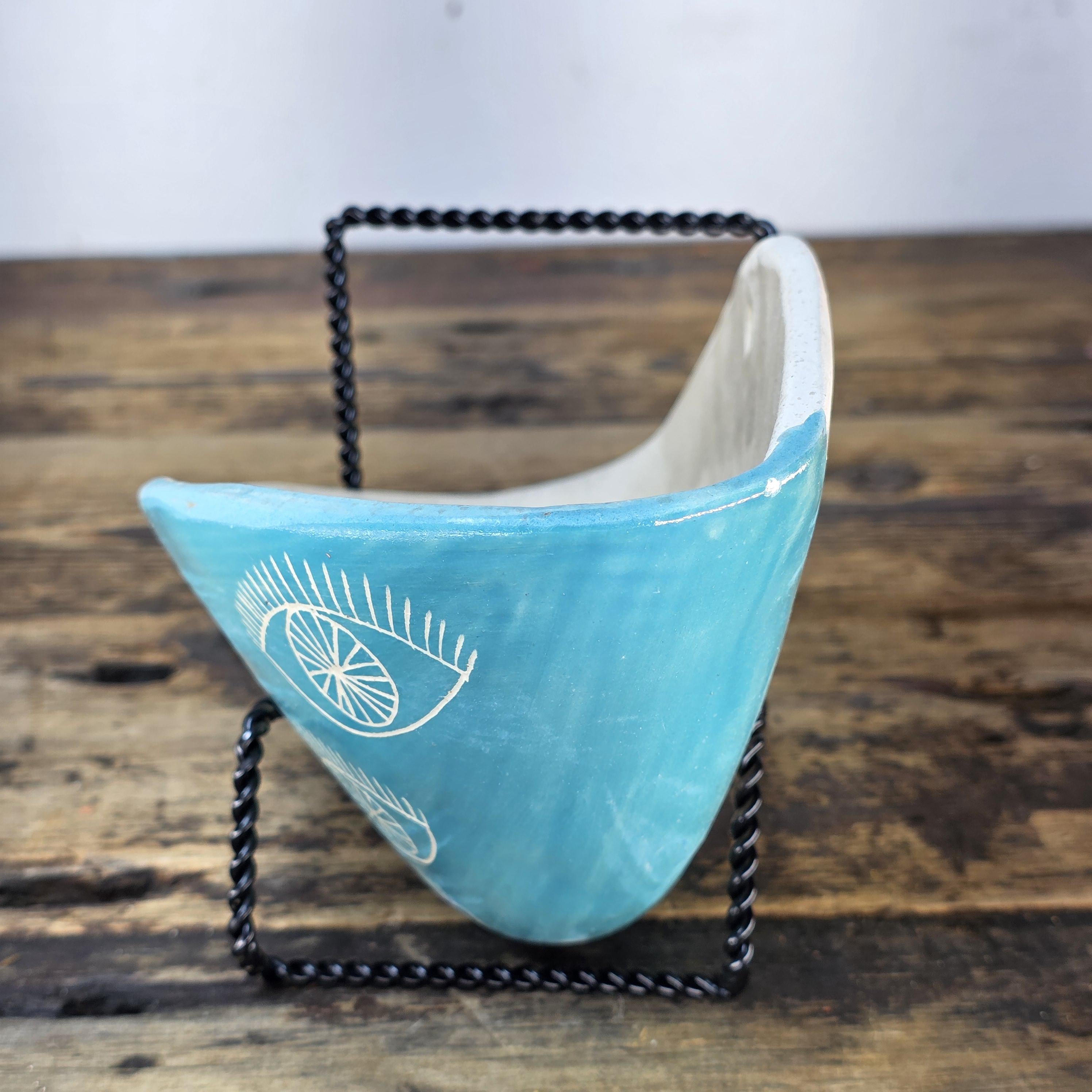 Studio Pottery Wall Pocket | “Eye” Sgraffito in Turquoise | Signed