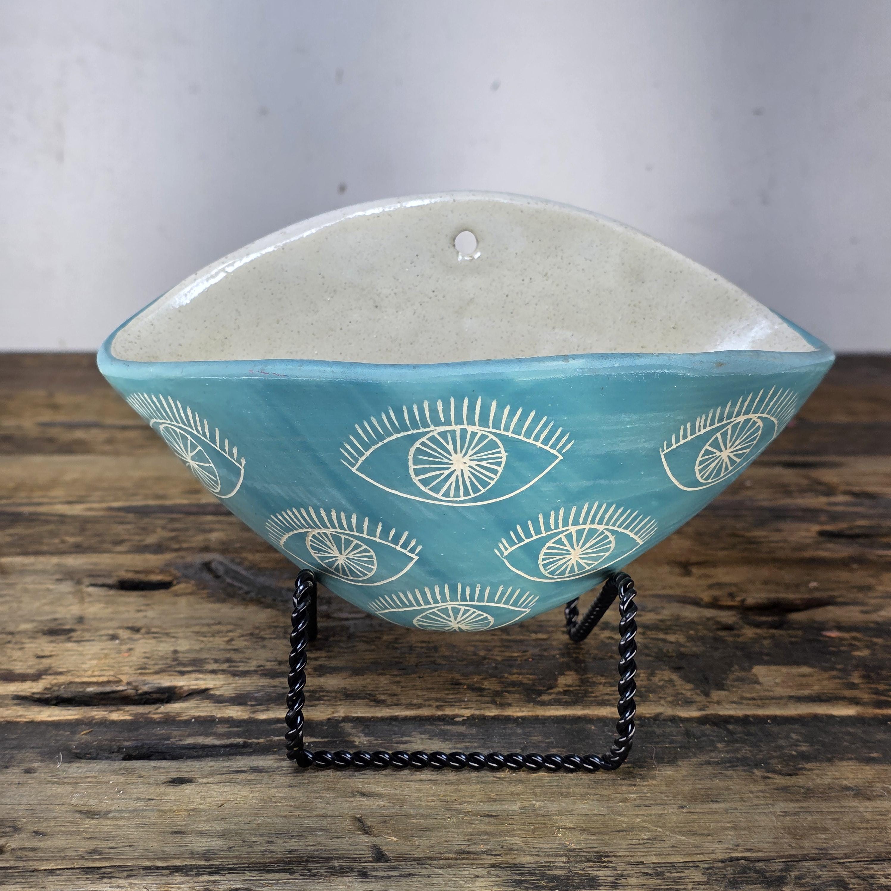Studio Pottery Wall Pocket | “Eye” Sgraffito in Turquoise | Signed
