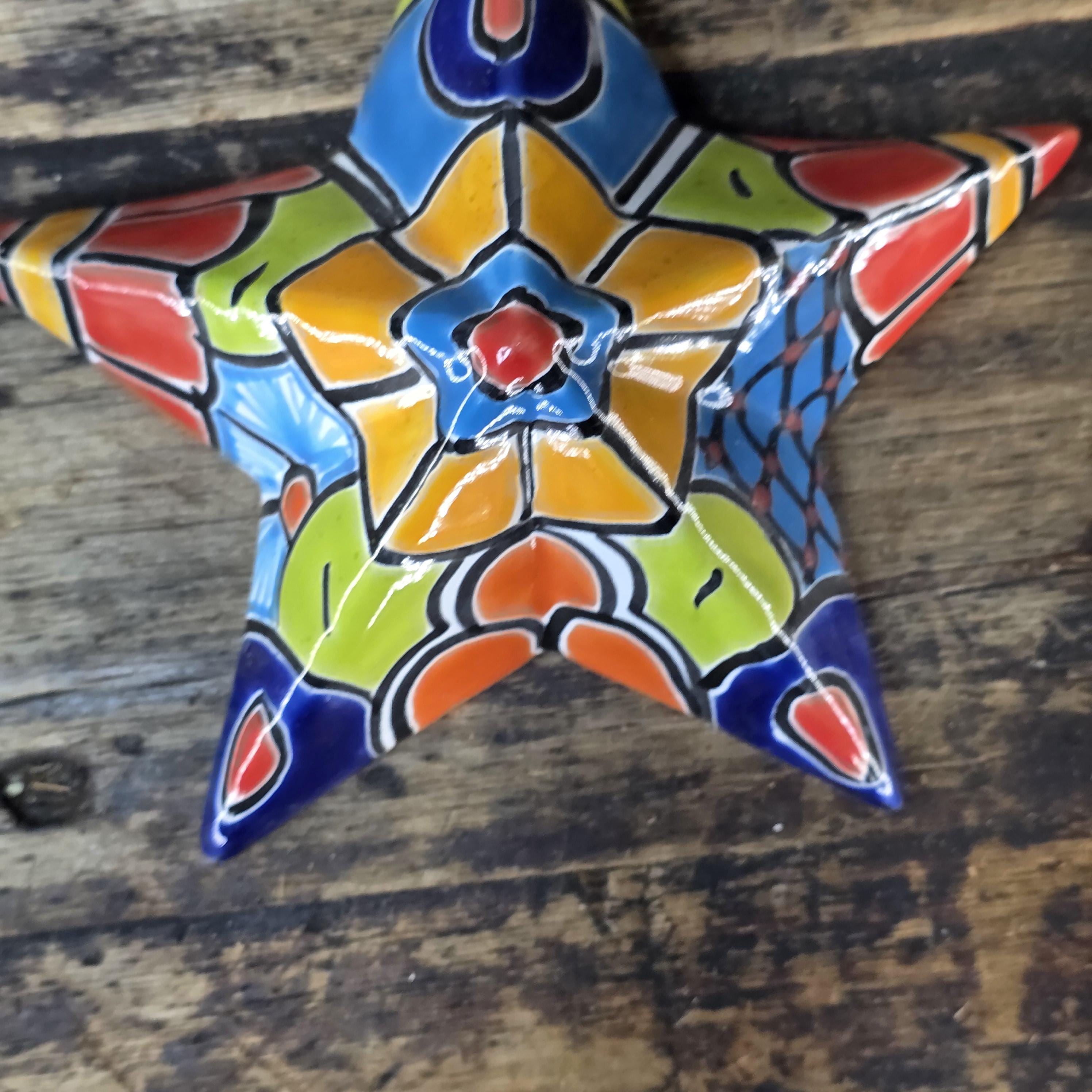 Hand-Painted Talavera Star Estrella Wall Hanging Ceramic Ornament – 7"