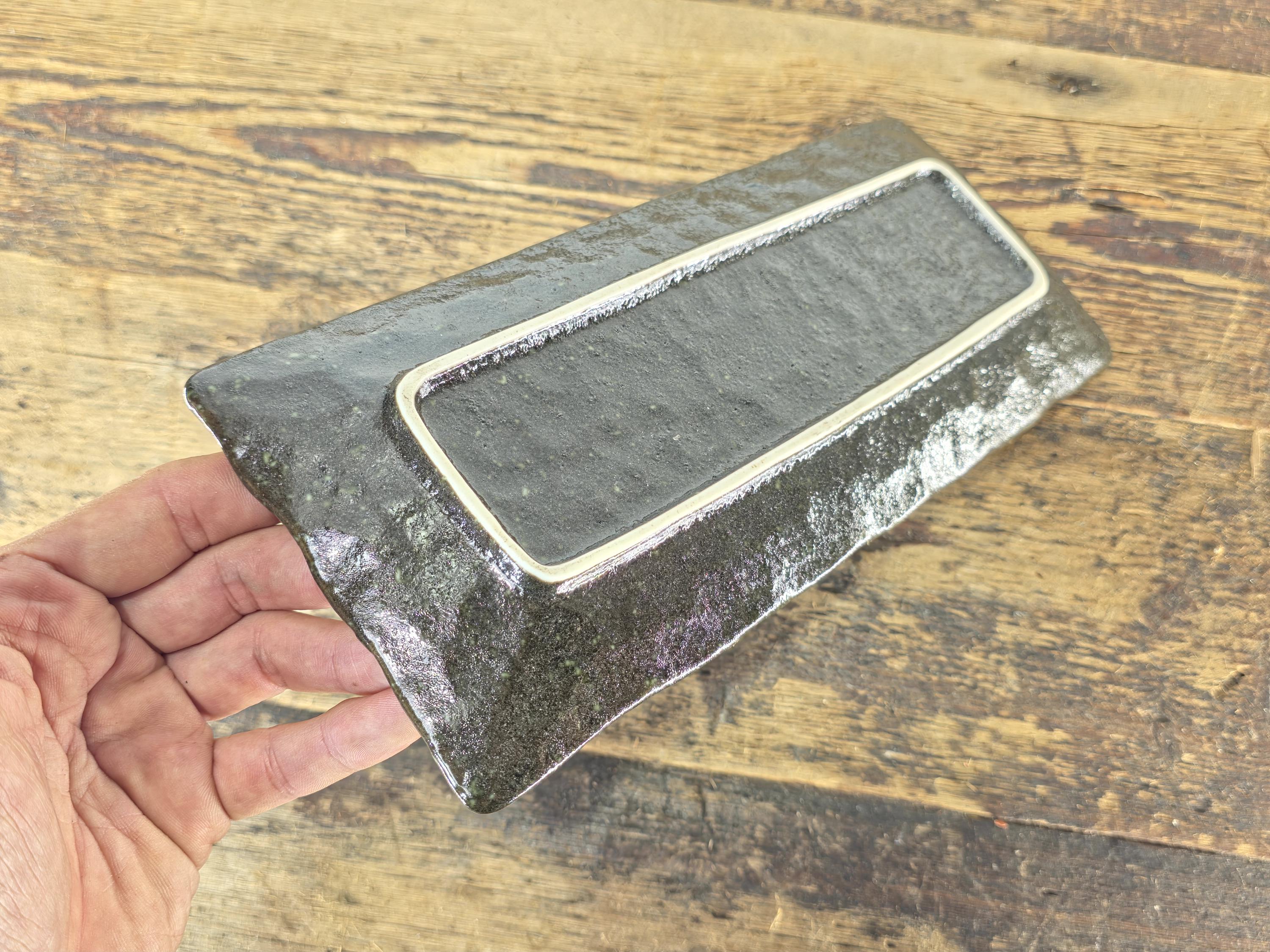 Japanese Mino Ware Rectangular Sushi Plate Green Brown Glaze 11.25" Japan