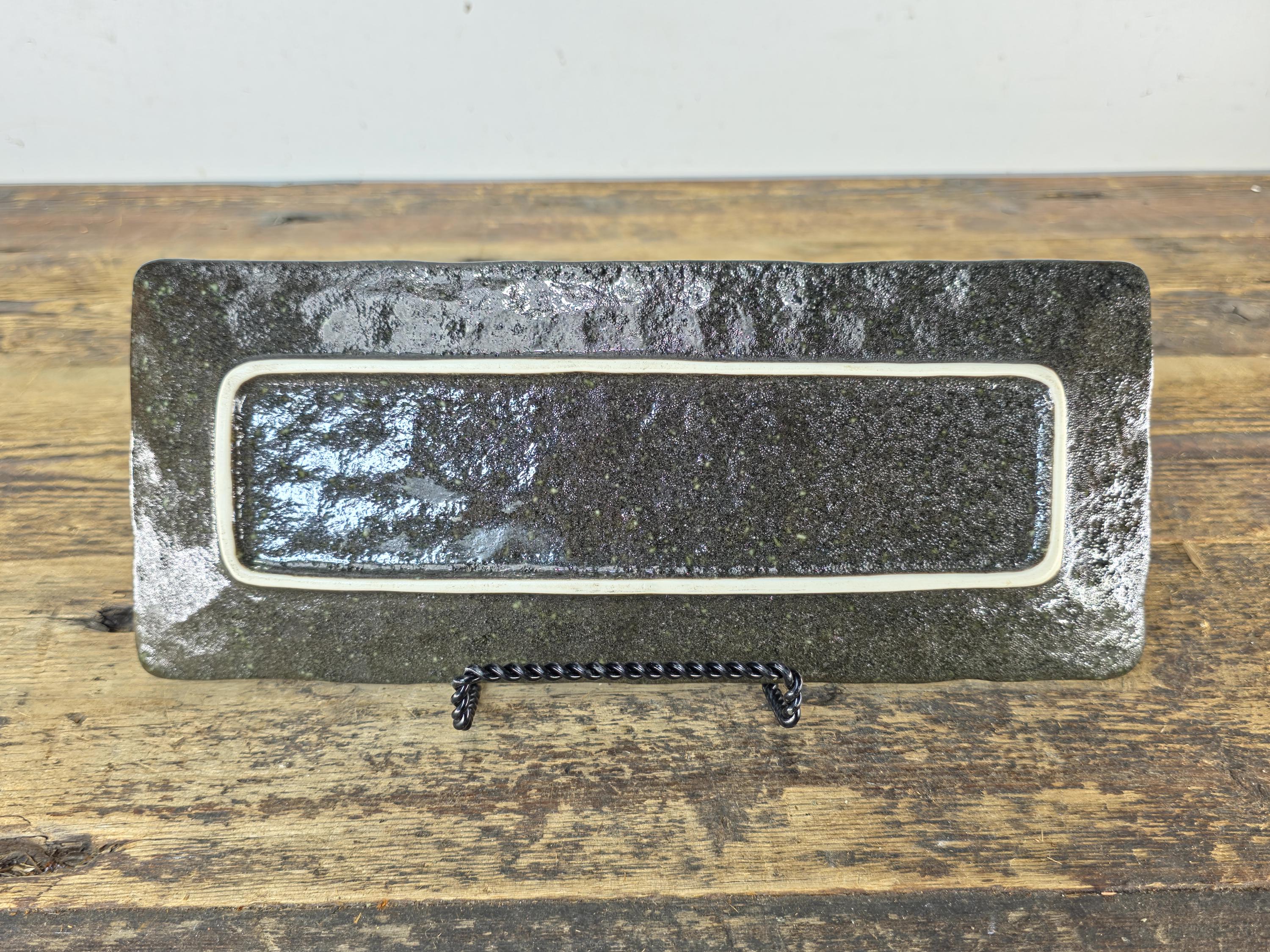 Japanese Mino Ware Rectangular Sushi Plate Green Brown Glaze 11.25" Japan