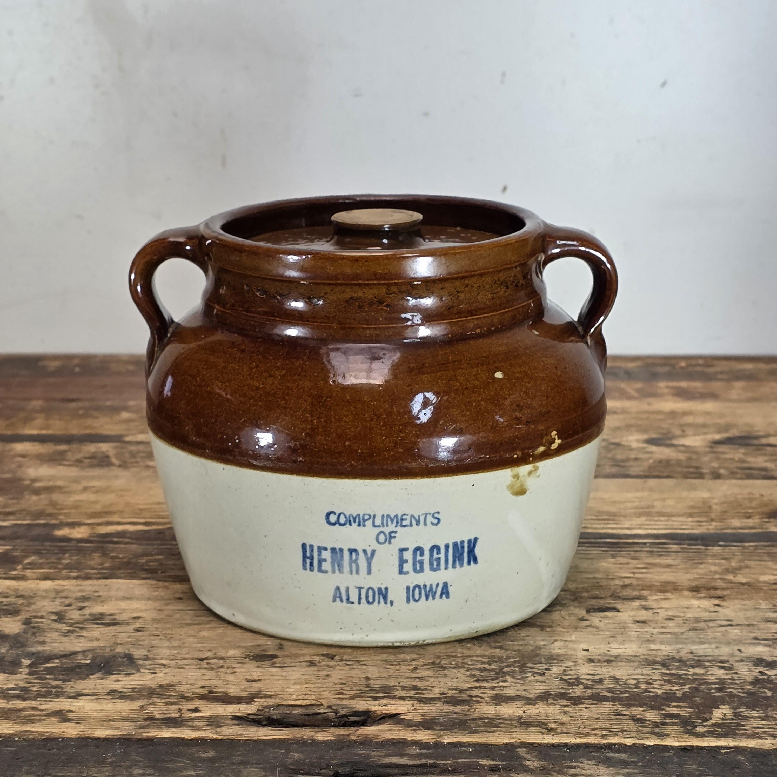 Red Wing Stoneware Advertising Bean Pot w/ Lid Henry Eggink Alton Iowa 1930's