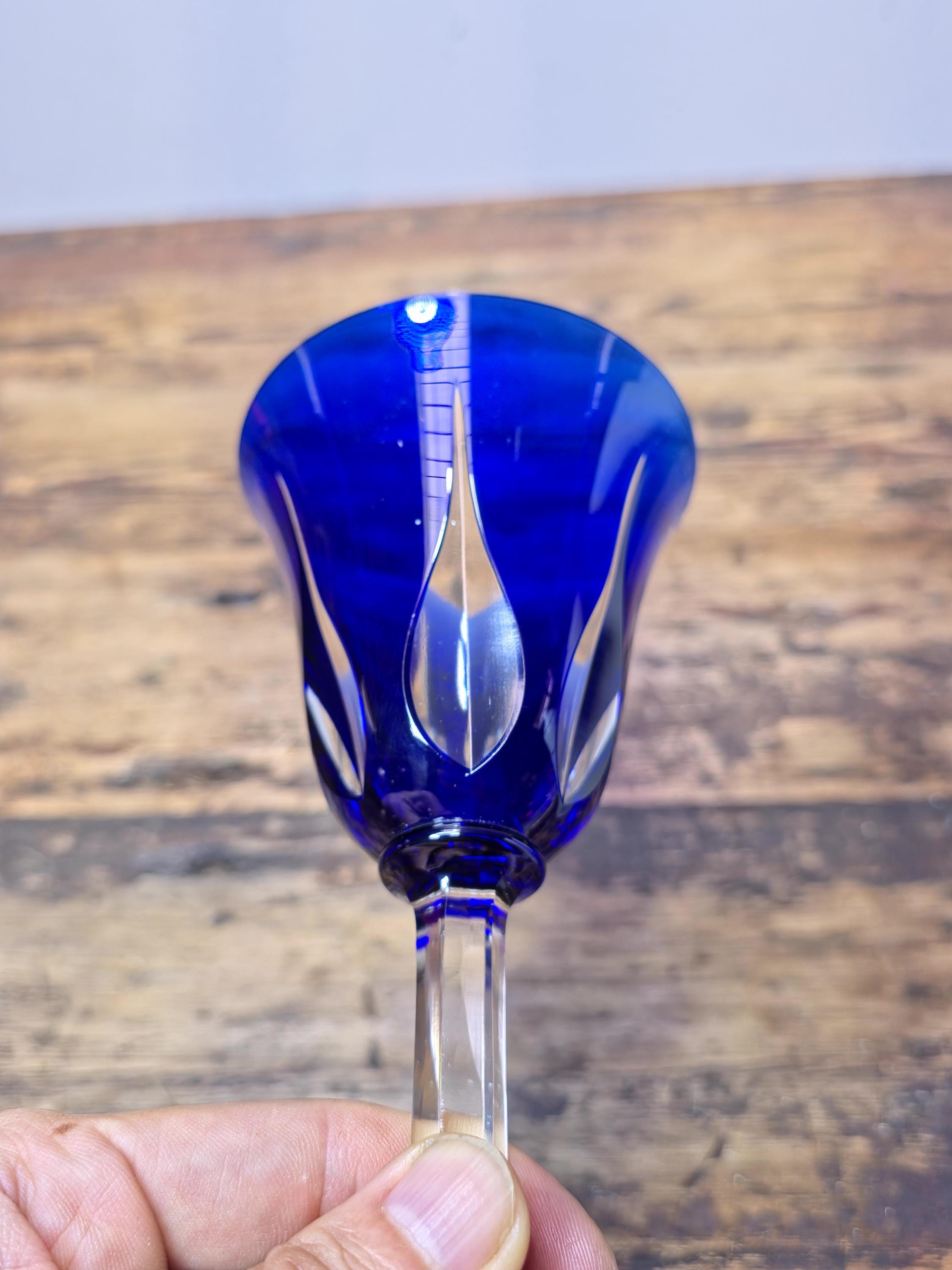 Saint Louis France Crystal Wine Glass Cerdagne Pattern Cobalt Blue 7 3/4”