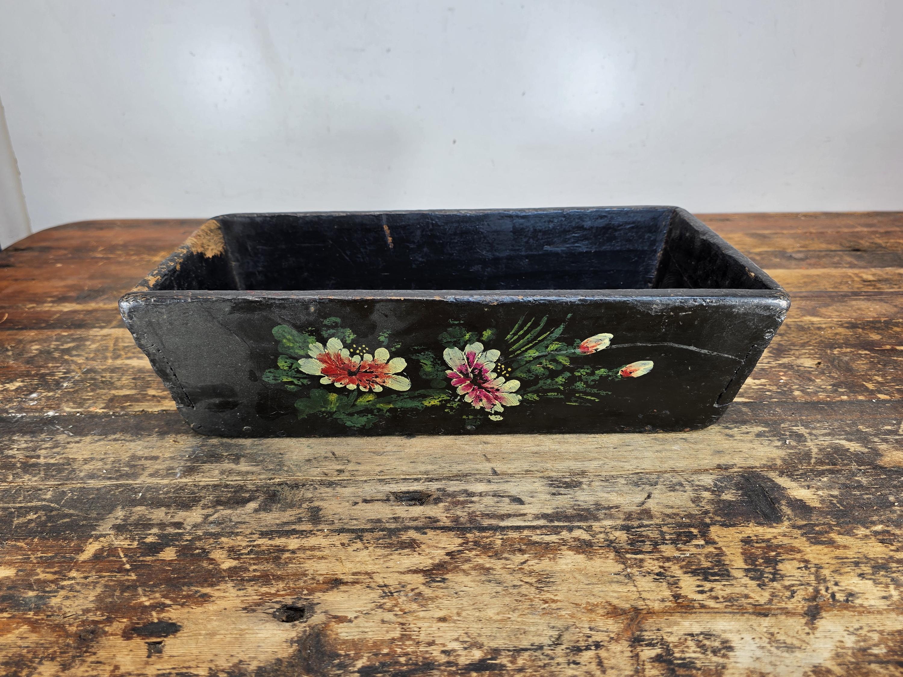 Antique Hand-Painted Wooden Box with Floral and Fruit Motif 15"L x 7.75"W