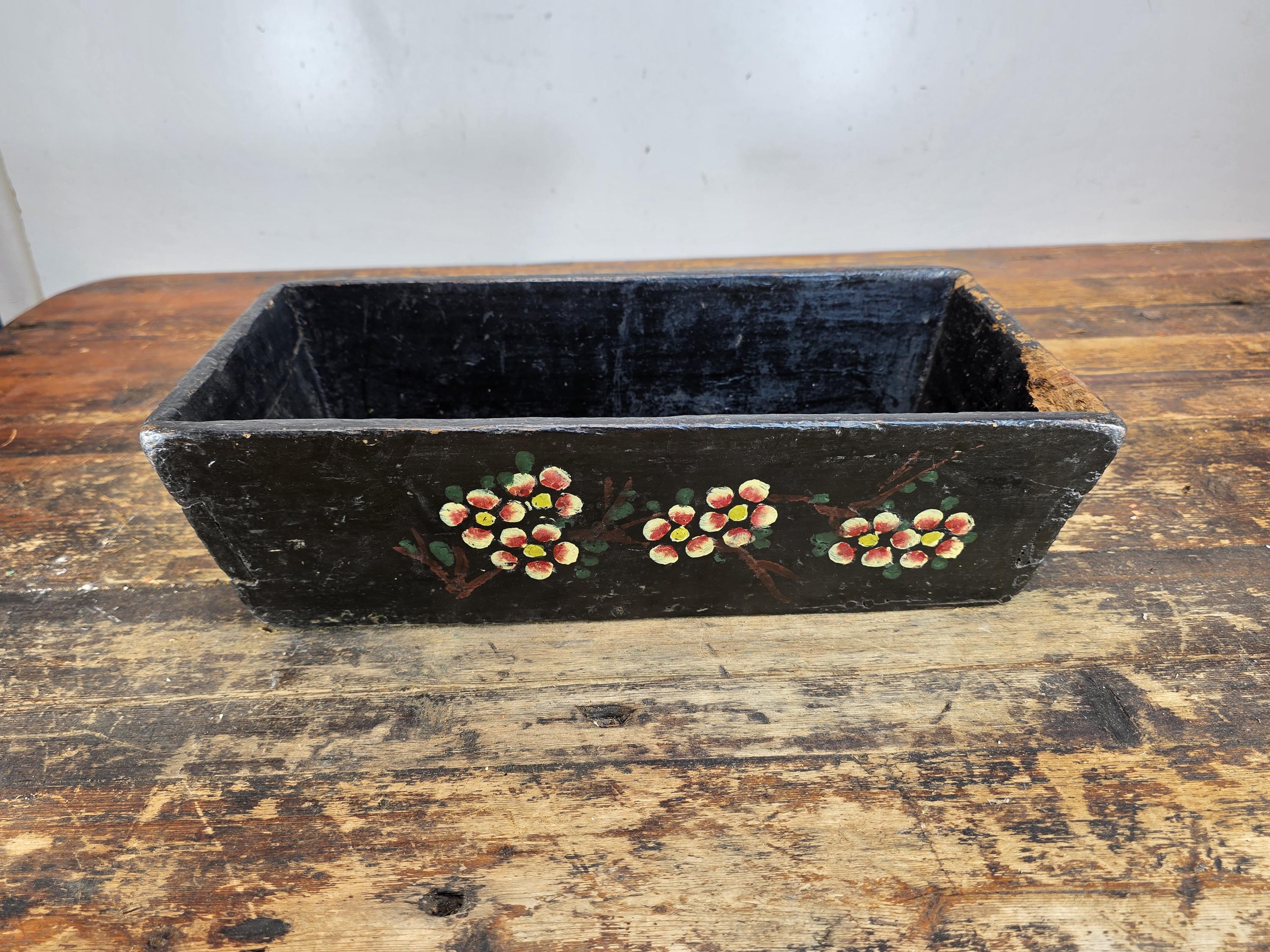 Antique Hand-Painted Wooden Box with Floral and Fruit Motif 15"L x 7.75"W