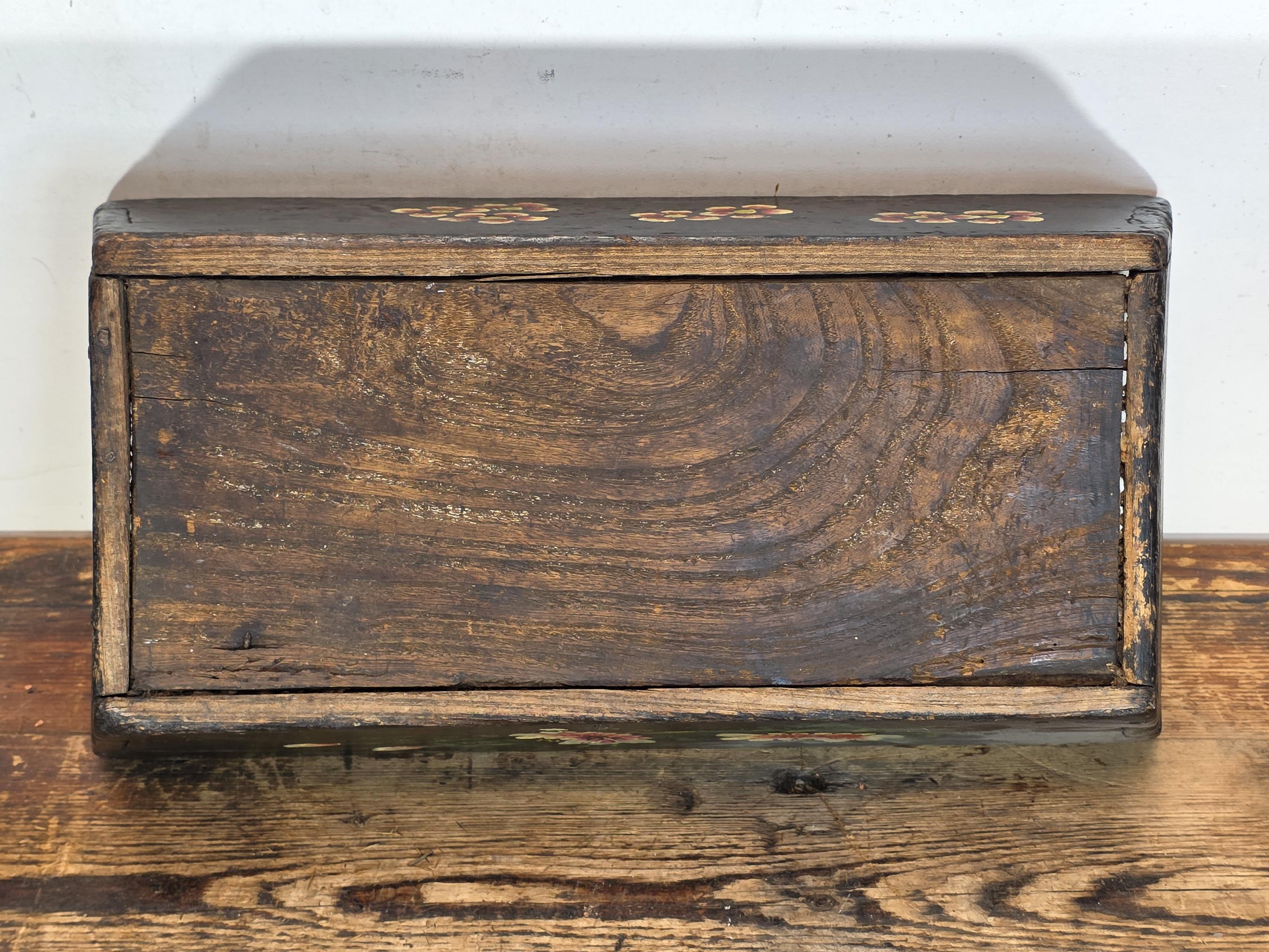 Antique Hand-Painted Wooden Box with Floral and Fruit Motif 15"L x 7.75"W