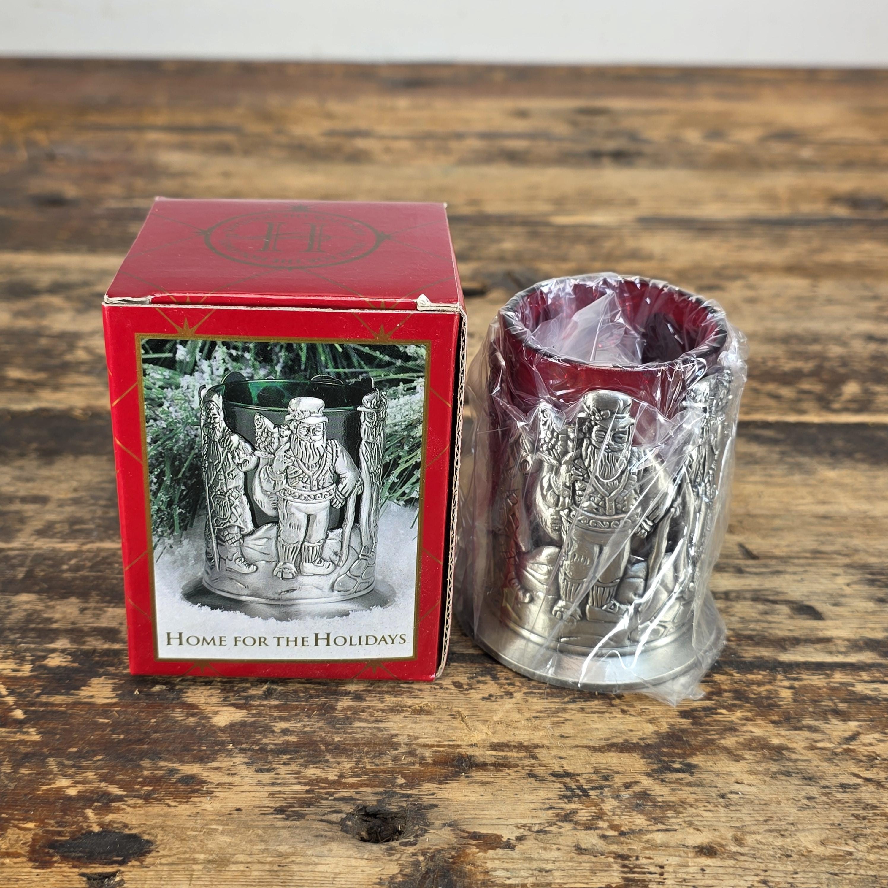 Home for the Holidays Santa Votive Candle Holder Red Glass Insert w/ Box Taiwan