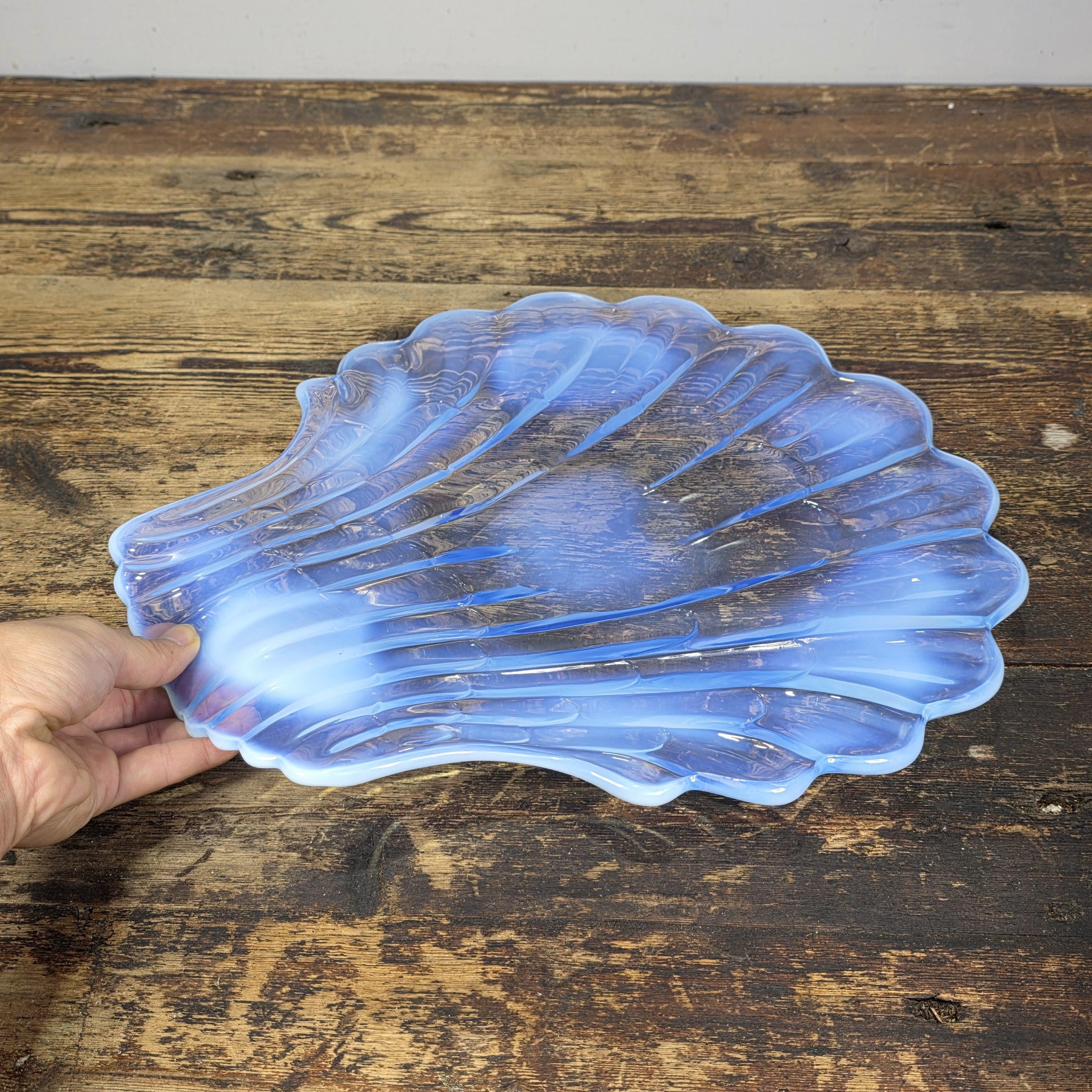 Large Opalescent Blue Glass Shell Platter, Attributed to Duncan & Miller 15"L