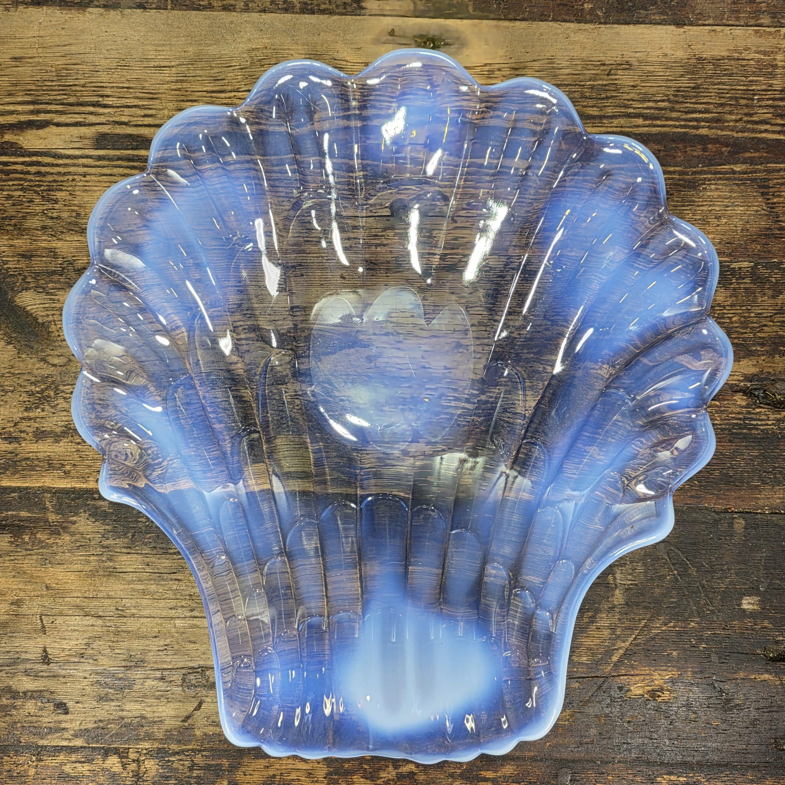 Large Opalescent Blue Glass Shell Platter, Attributed to Duncan & Miller 15"L