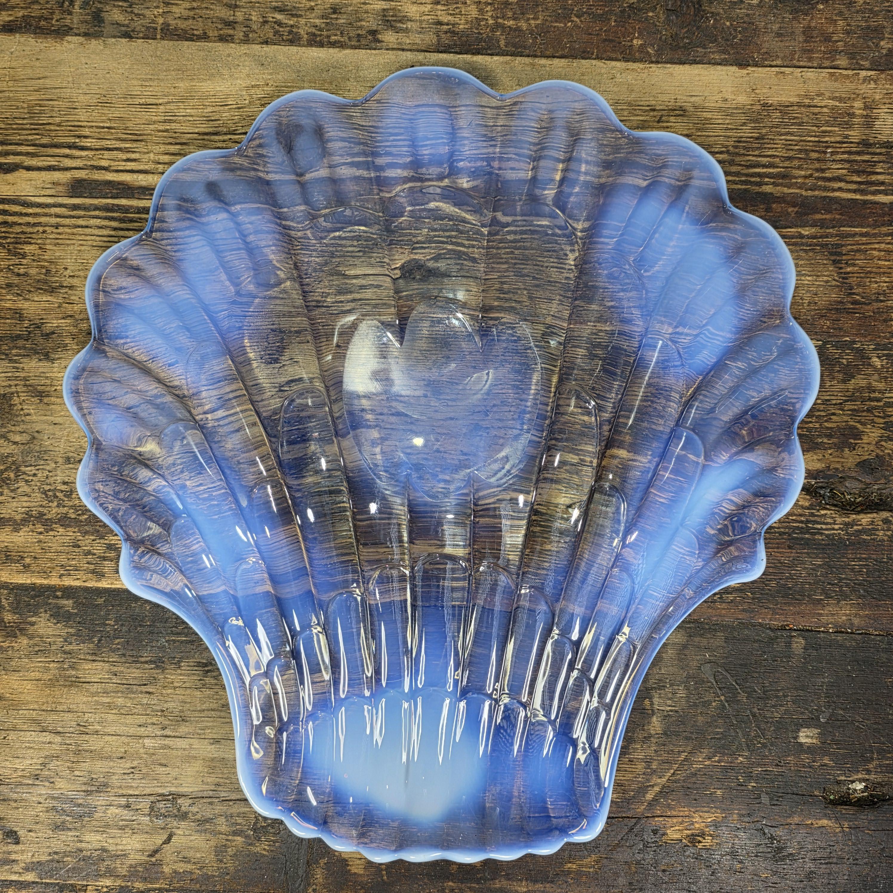Large Opalescent Blue Glass Shell Platter, Attributed to Duncan & Miller 15"L