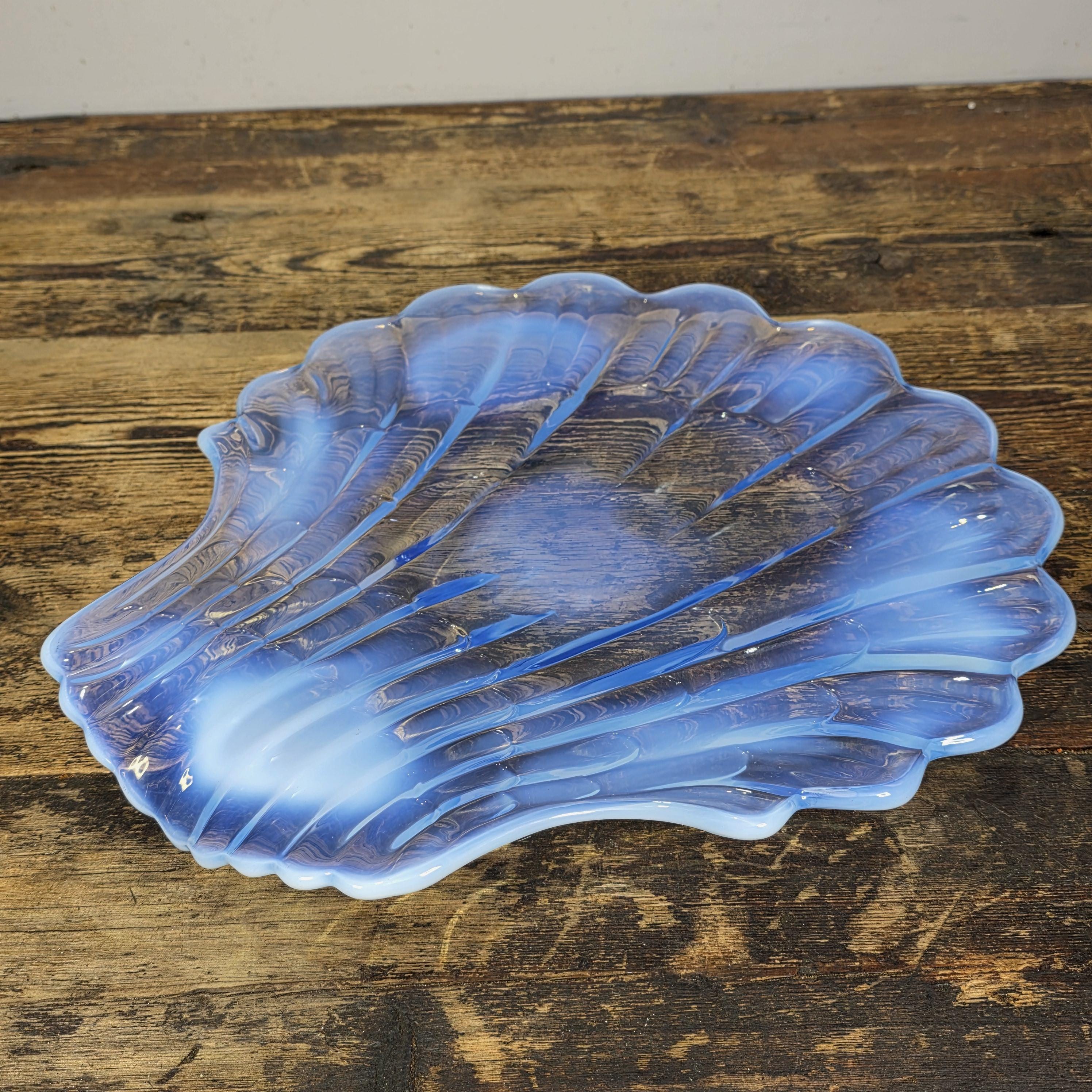 Large Opalescent Blue Glass Shell Platter, Attributed to Duncan & Miller 15"L