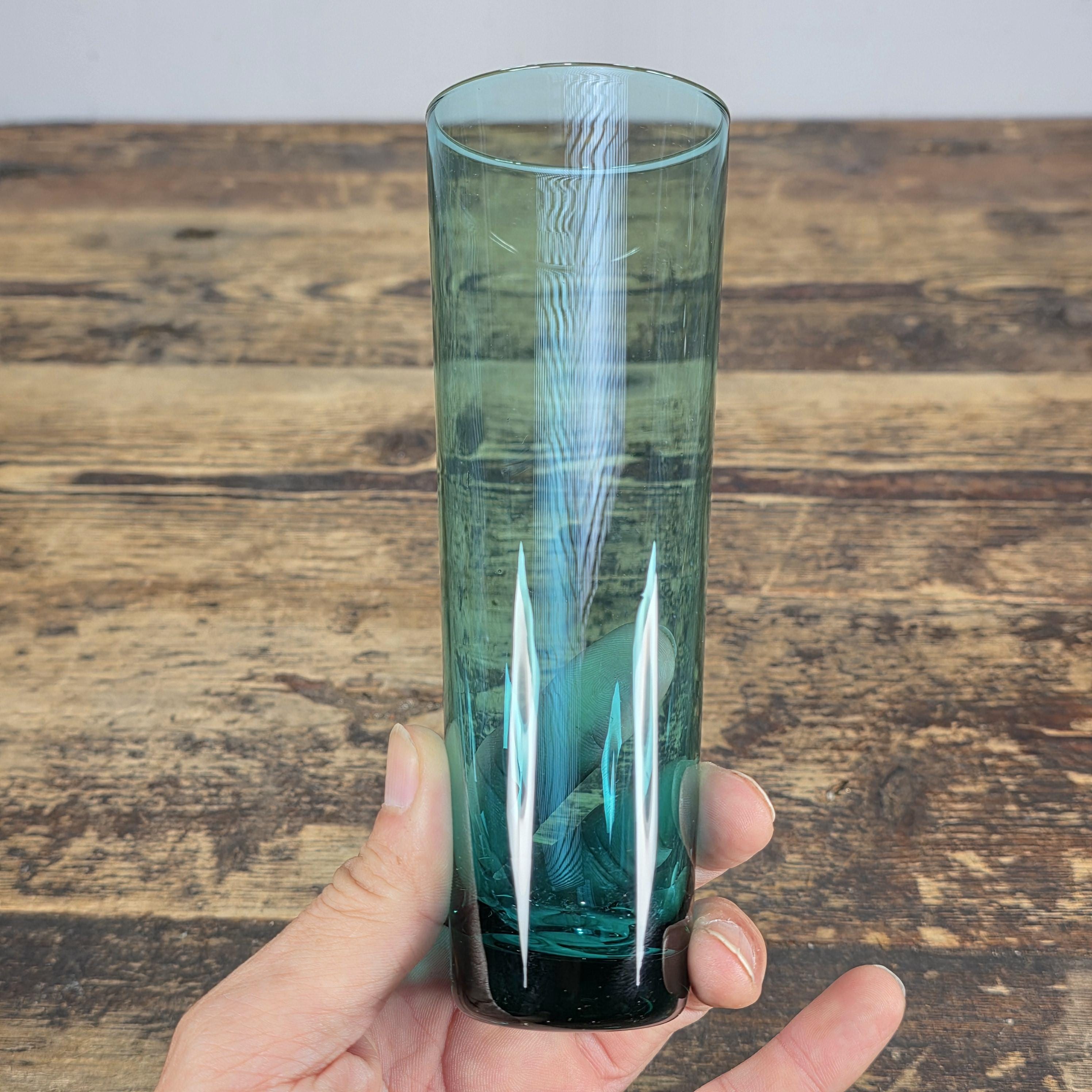 Vintage Hand Blown Aqua Blue Glass Tumbler — Mid-Century Modern Style 6.25"H