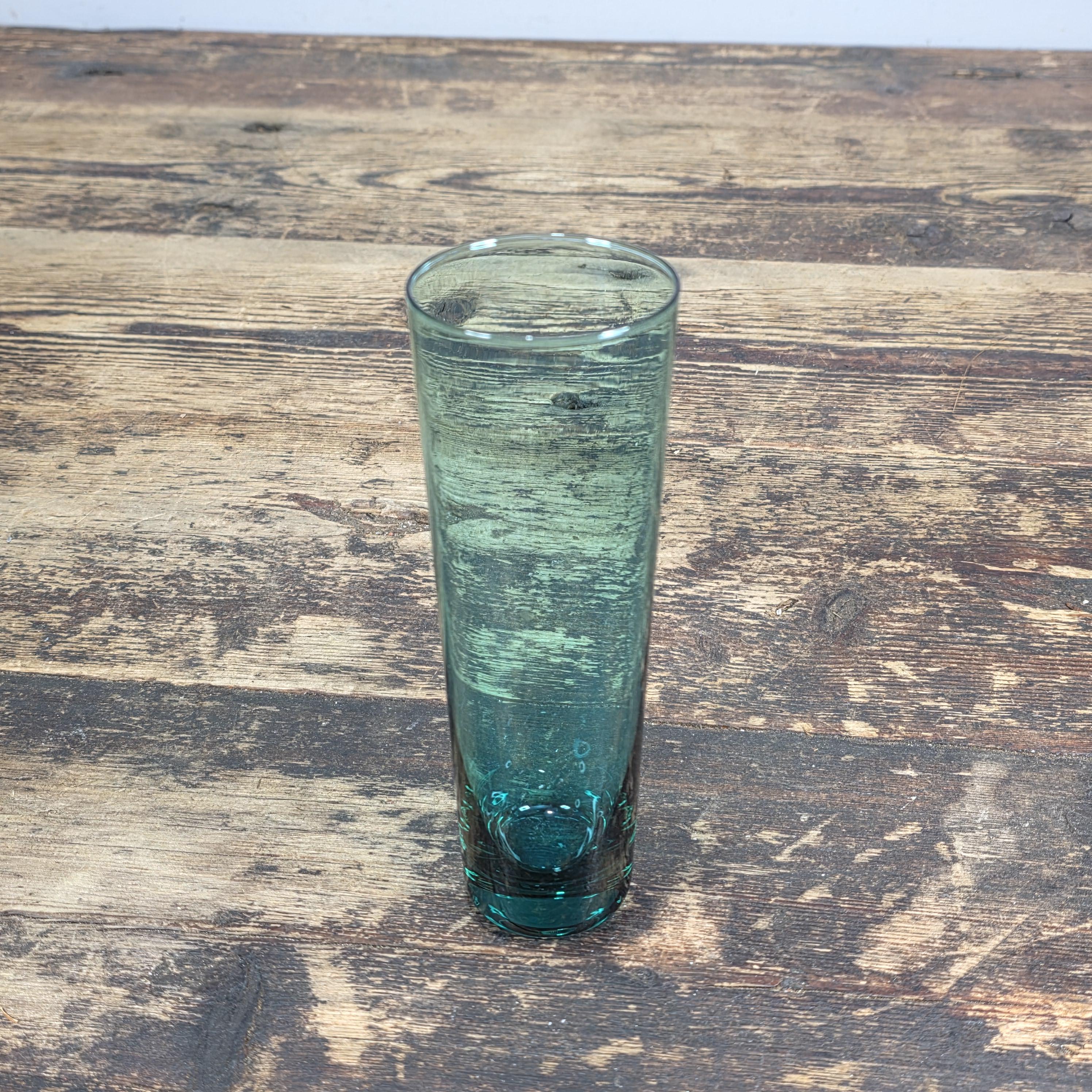 Vintage Hand Blown Aqua Blue Glass Tumbler — Mid-Century Modern Style 6.25"H