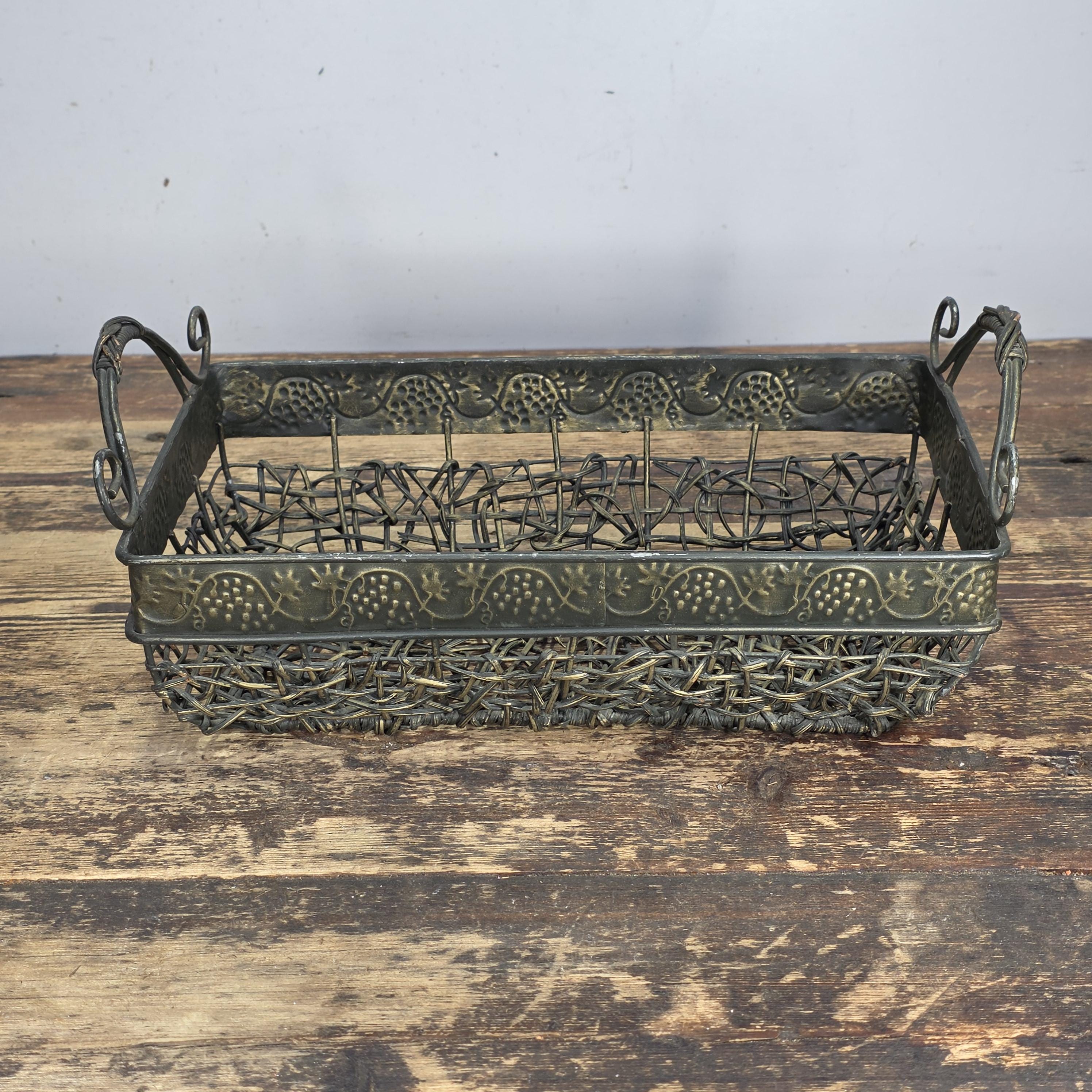 Vintage Bronze Tone Metal & Wicker Rectangular Basket with Handles