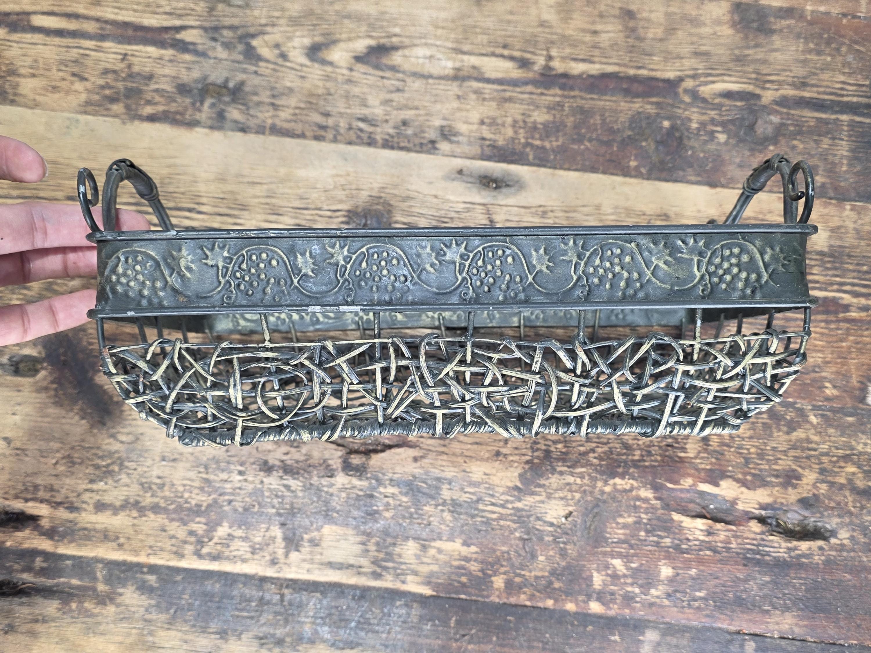 Vintage Bronze Tone Metal & Wicker Rectangular Basket with Handles