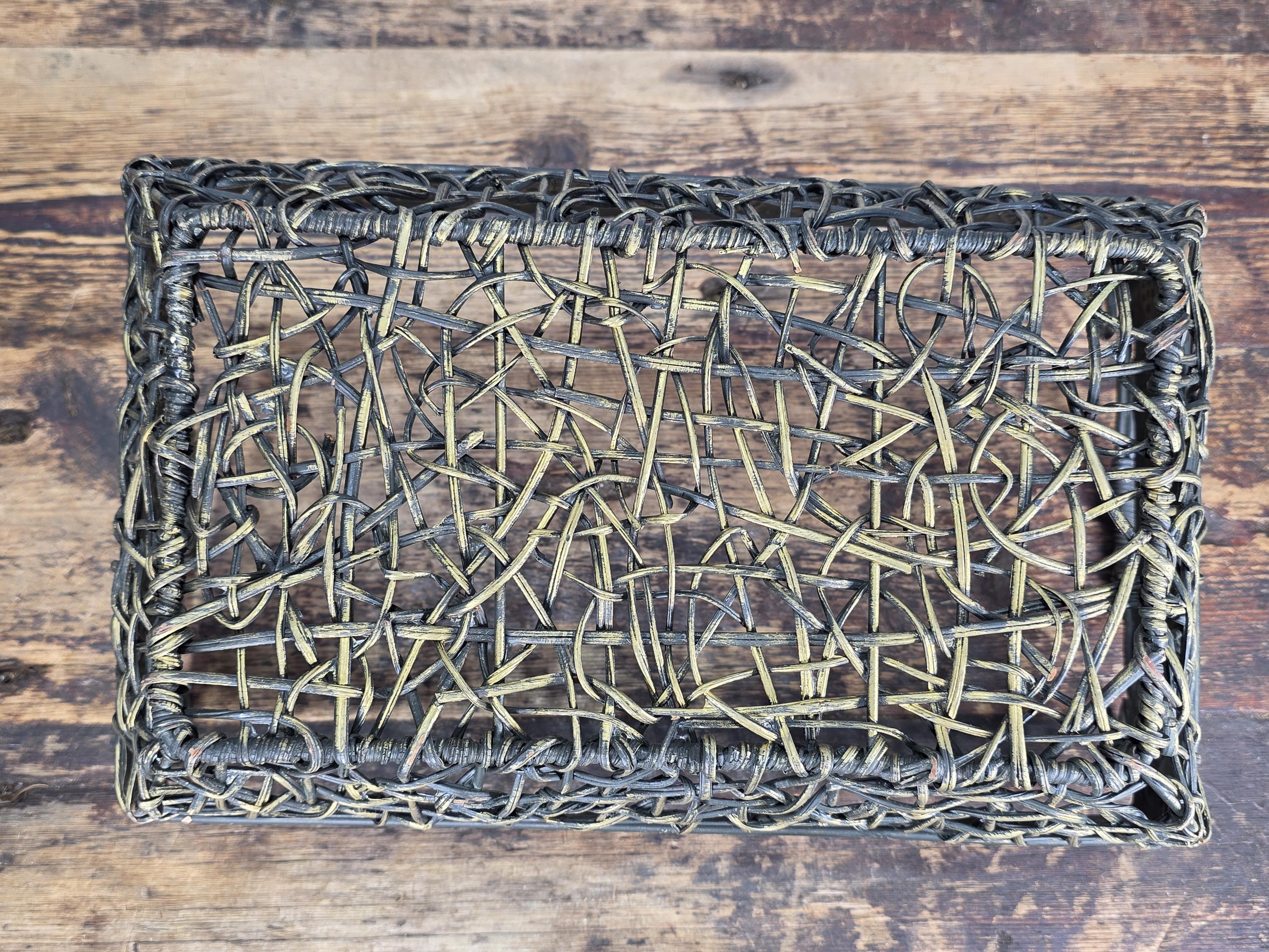 Vintage Bronze Tone Metal & Wicker Rectangular Basket with Handles