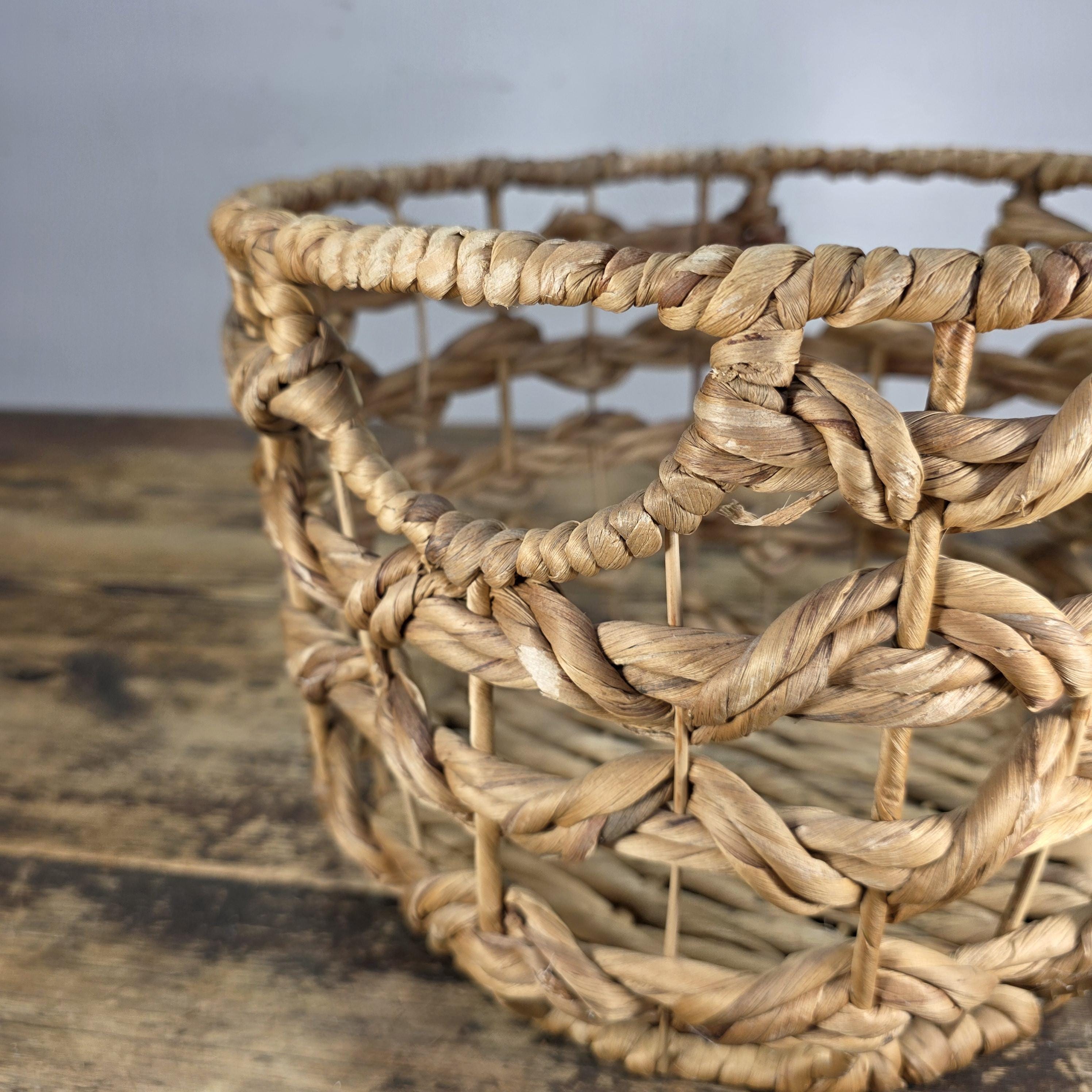 Natural Handwoven Open Weave Basket with Side Handles, Planter Cover Decor