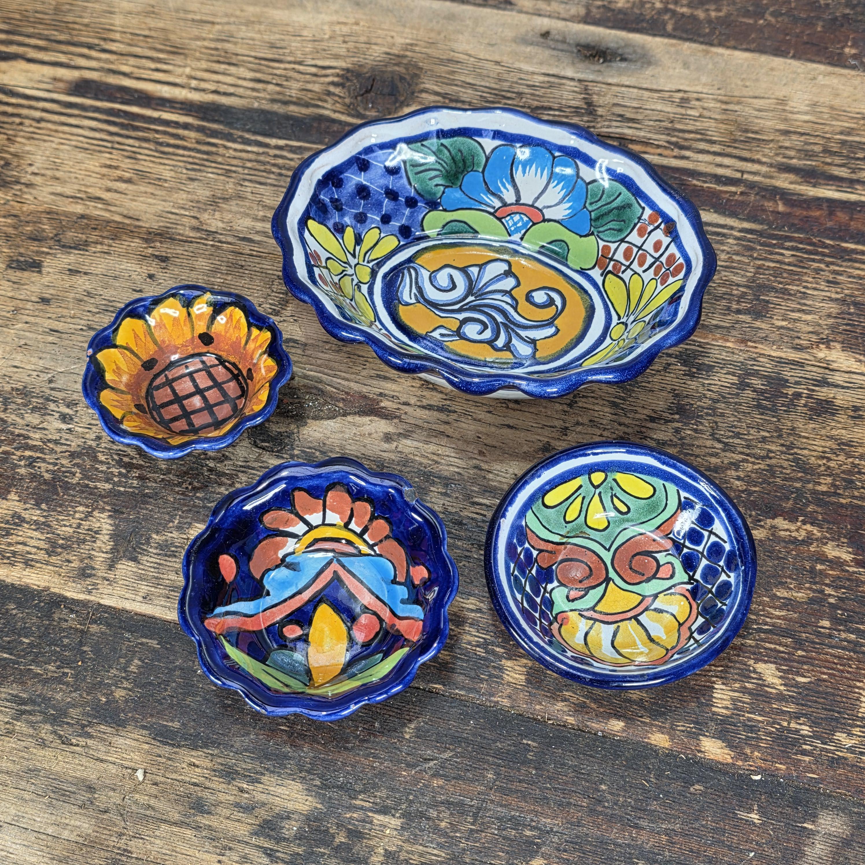 Hand Painted Talavera Small Bowls Set, Mexican Folk Art Pottery (4pcs)