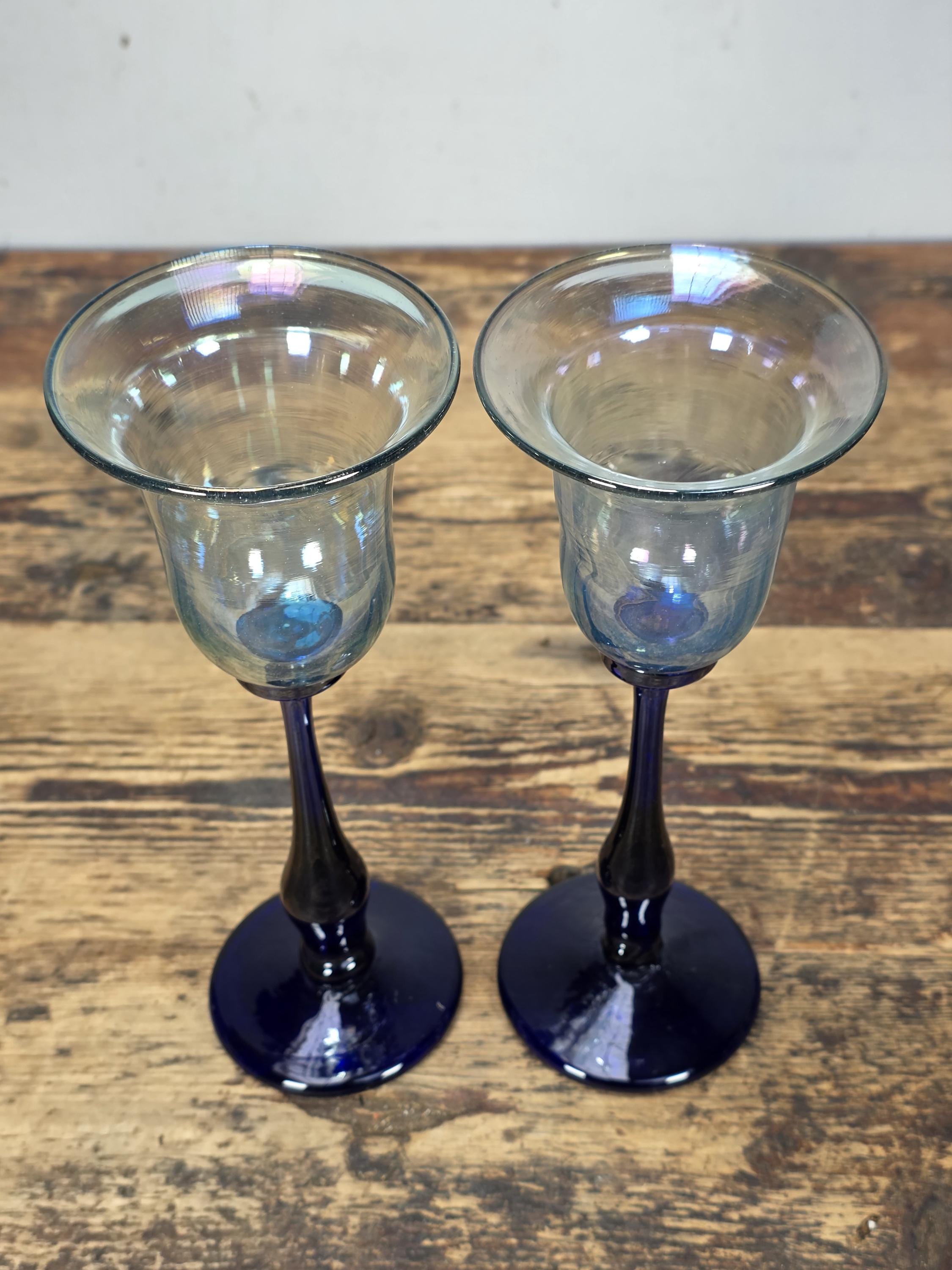Set of 5 Rick Strini Art Glass Goblets Iridescent & Cobalt Blue Signed c.1970s