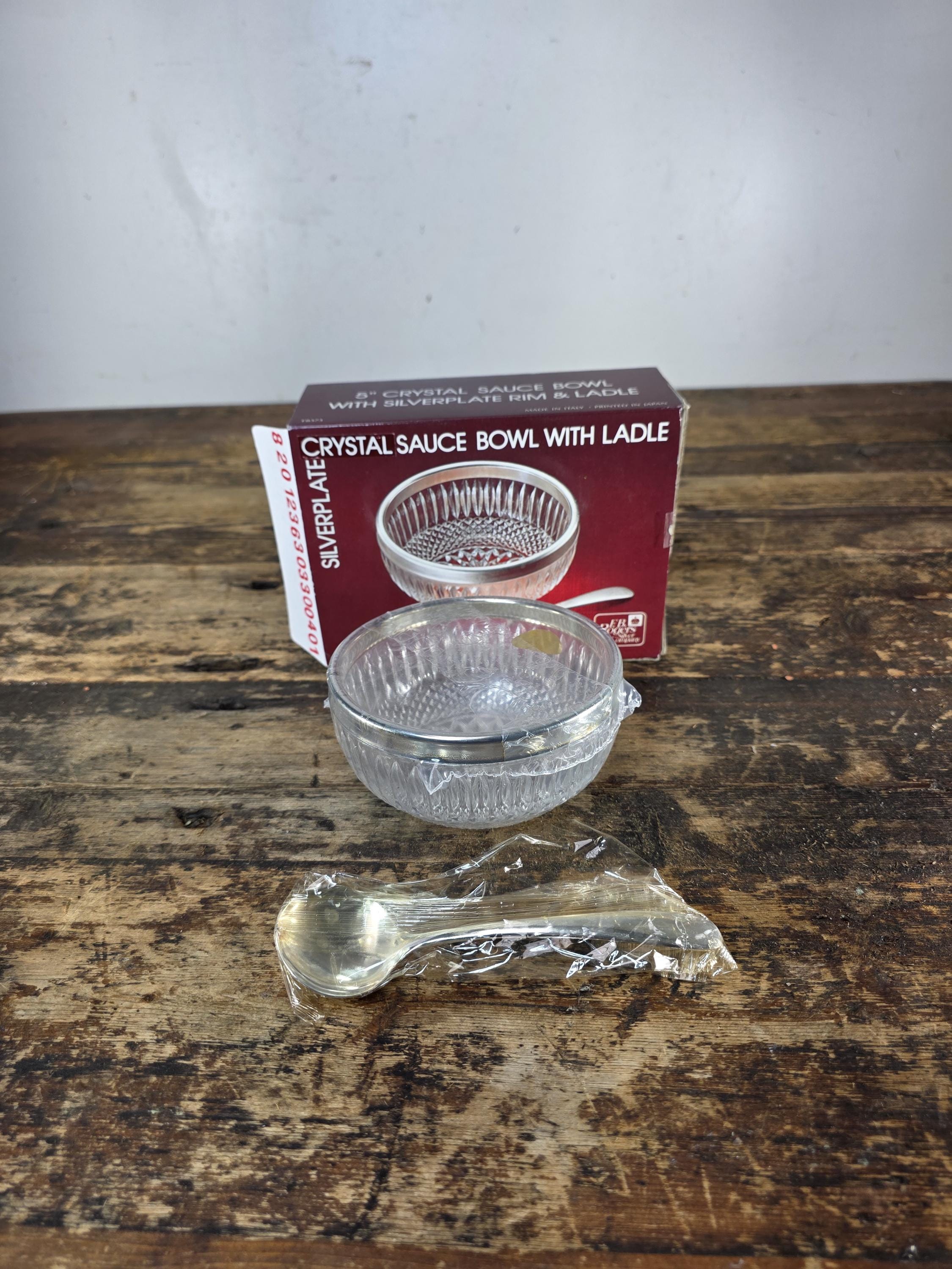 F.B. Rogers Silver Company 5" Crystal Sauce Bowl w Silverplate Rim & Ladle Italy