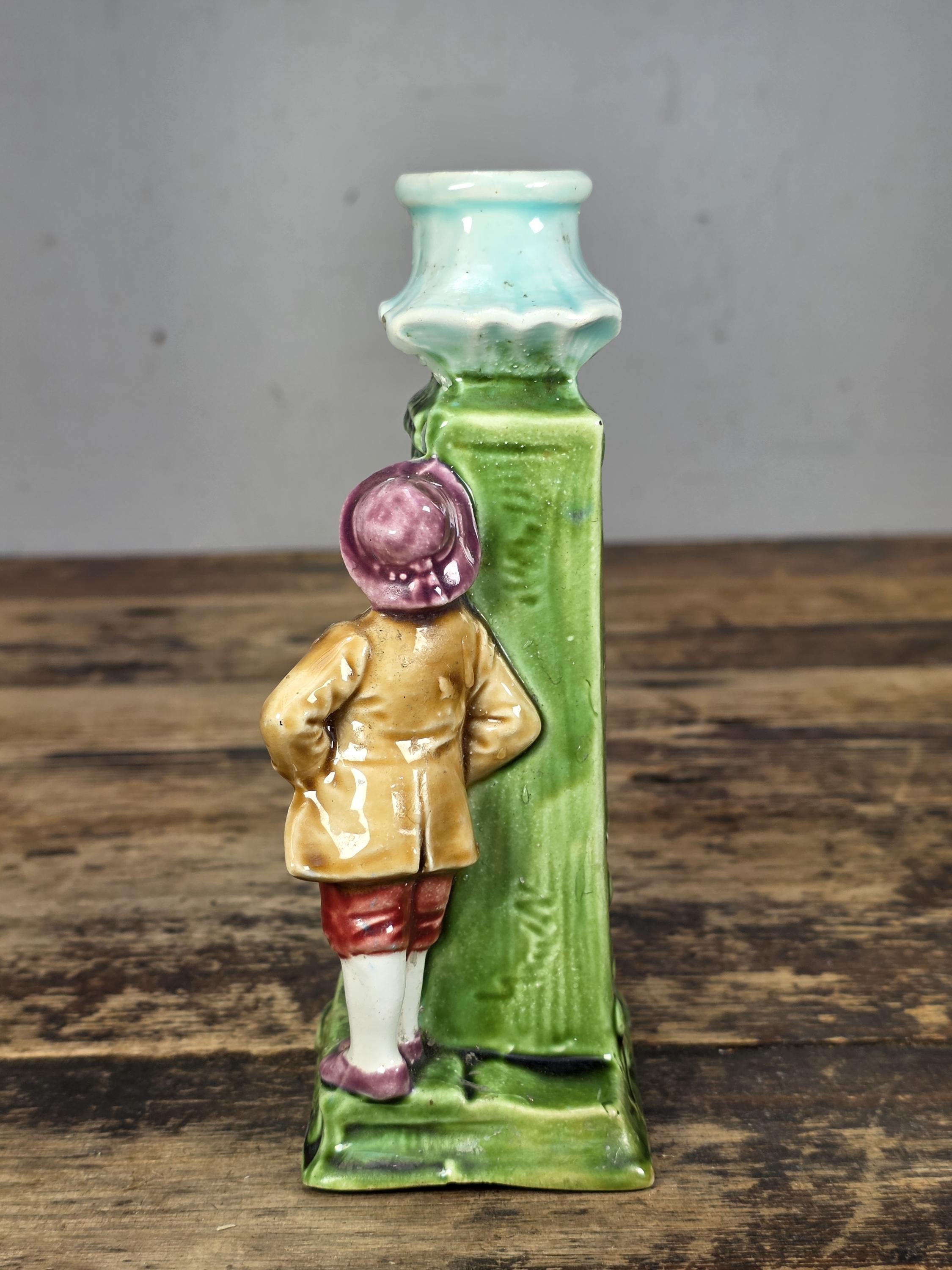 Antique German Majolica Figural Candle Holder Lovers Smoking Scene c.1900s