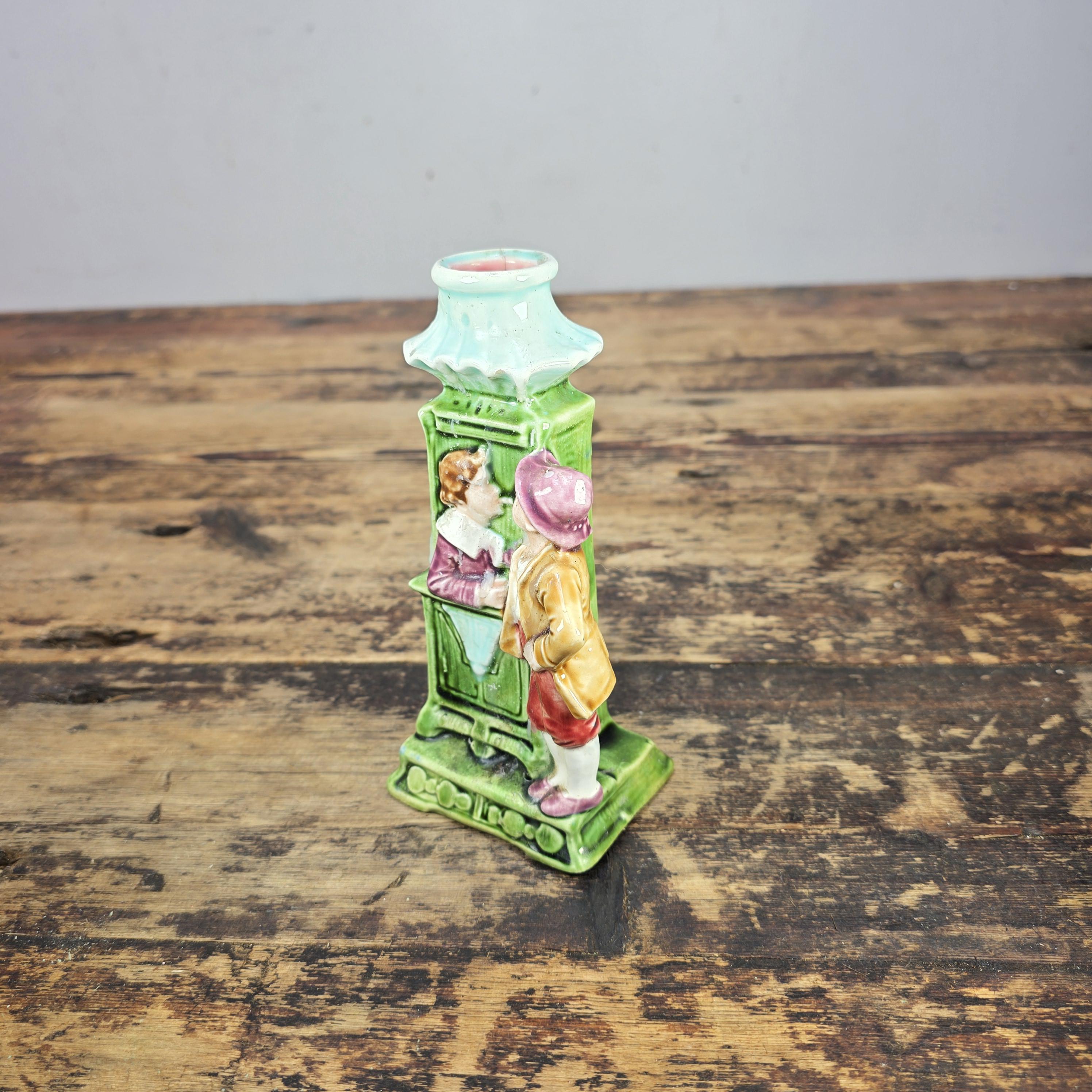 Antique German Majolica Figural Candle Holder Lovers Smoking Scene c.1900s