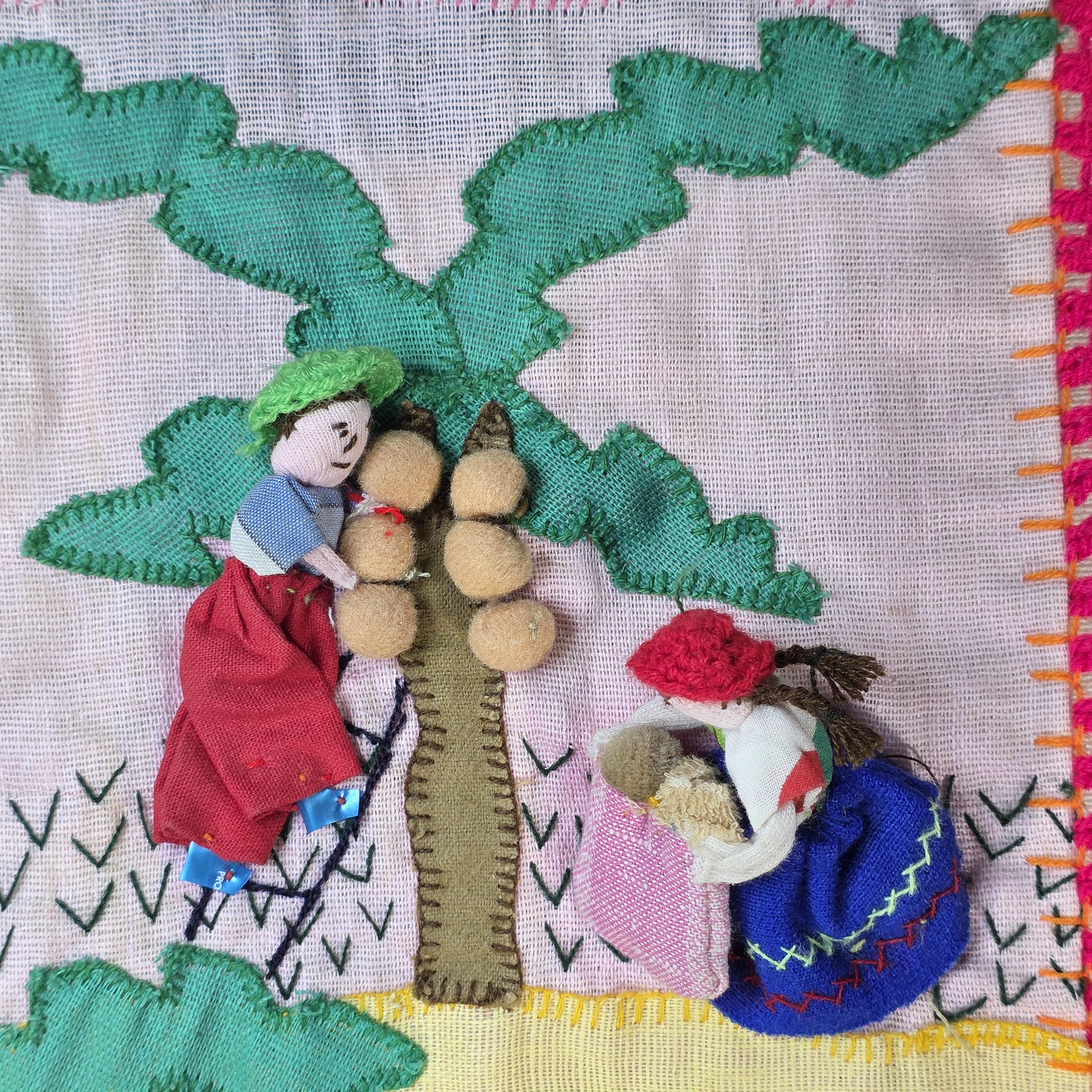 Vintage Peruvian Arpillera Wall Embroidery Textile Art “Cosecha de …” 19"x17"