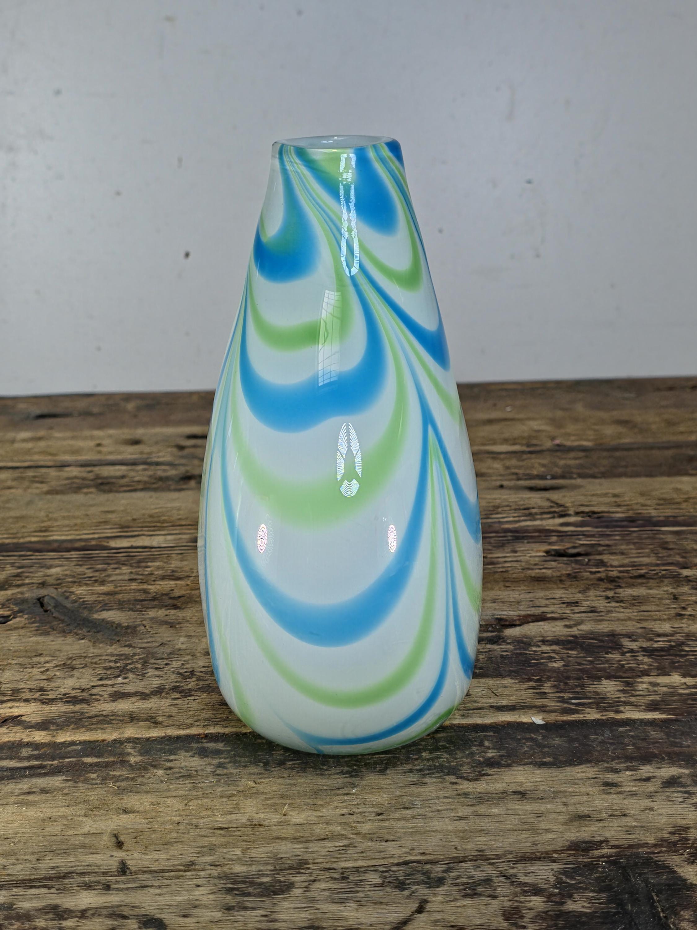 Margie’s Garden Hand Blown Glass Vase with Blue & Green Swirl Pattern
