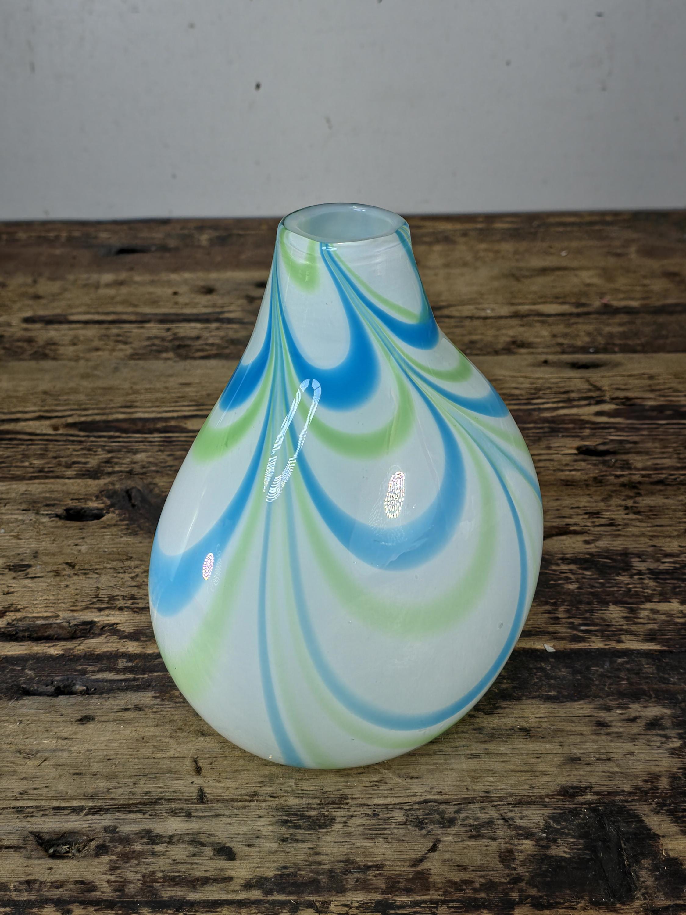 Margie’s Garden Hand Blown Glass Vase with Blue & Green Swirl Pattern