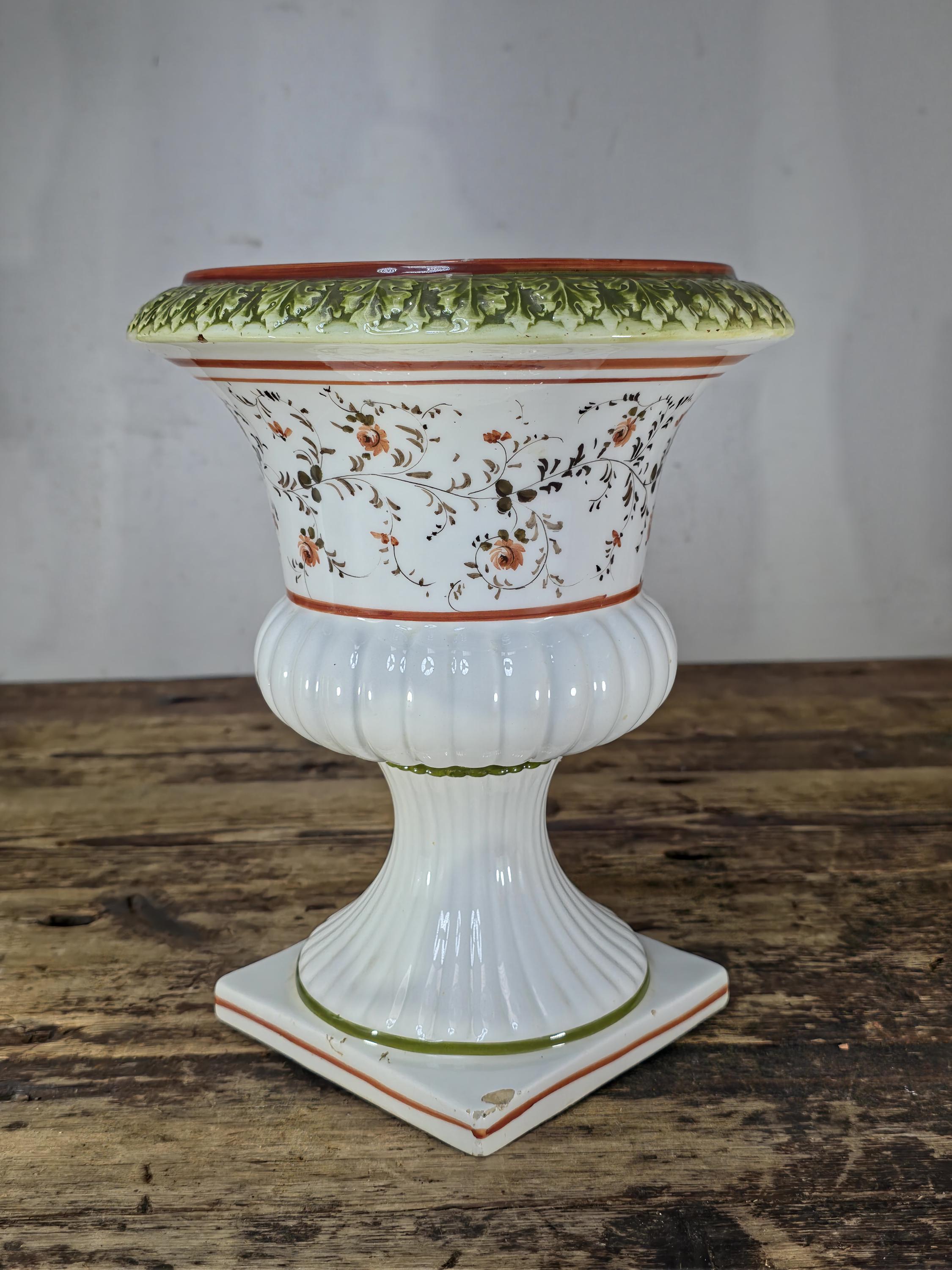 Vintage Hand Decorated Ceramic Urn Vase Italy/Portugal Mid 20th C Floral