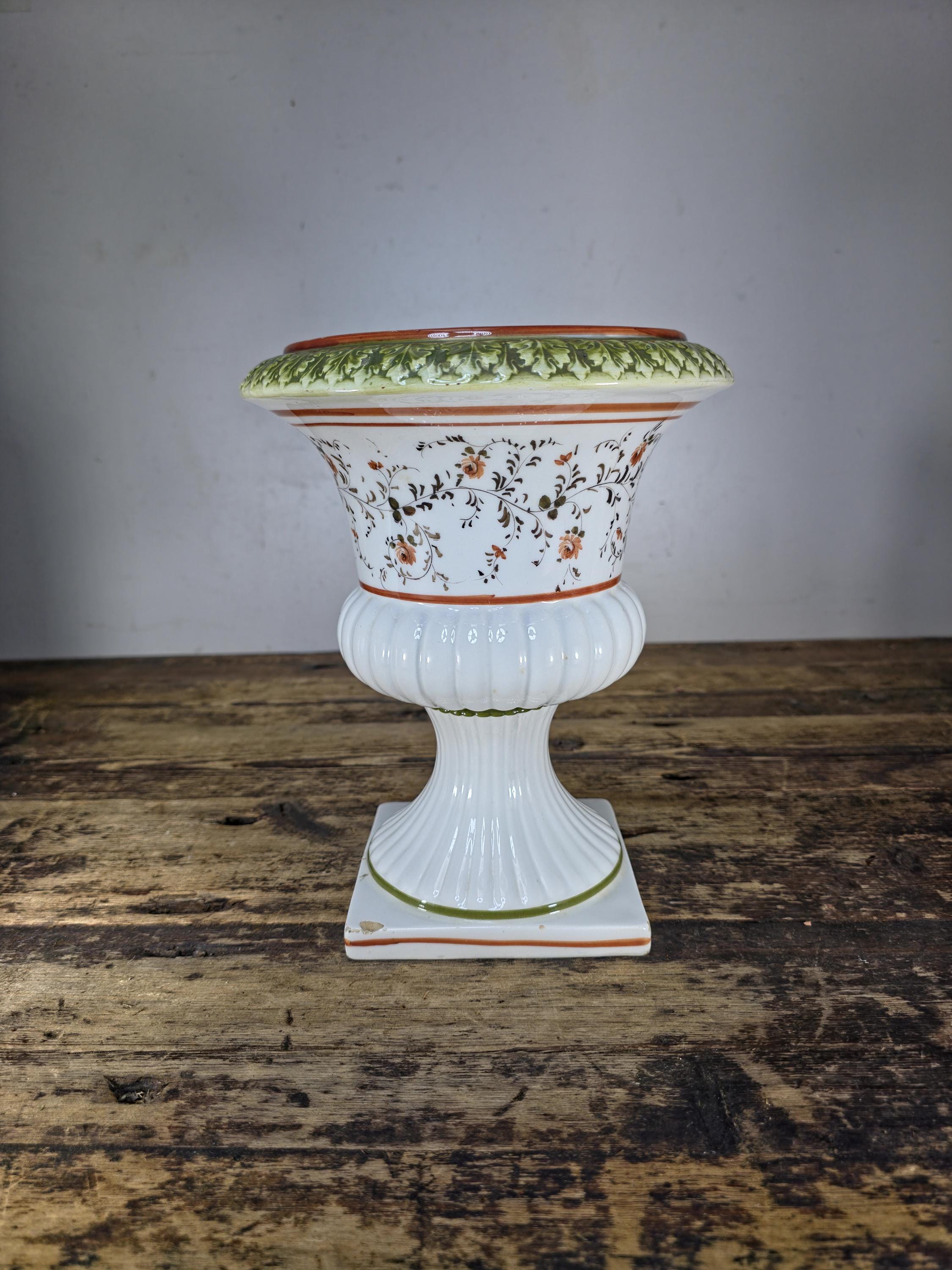 Vintage Hand Decorated Ceramic Urn Vase Italy/Portugal Mid 20th C Floral