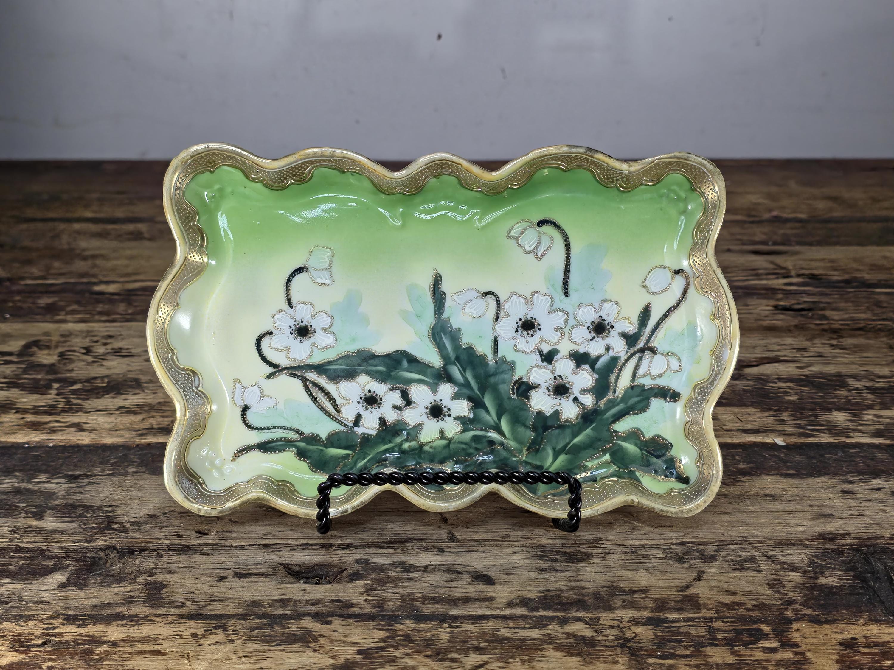 Hand Painted Nippon Style Moriage Tray, Floral Gold Gilt Porcelain 8.25" × 5.25"