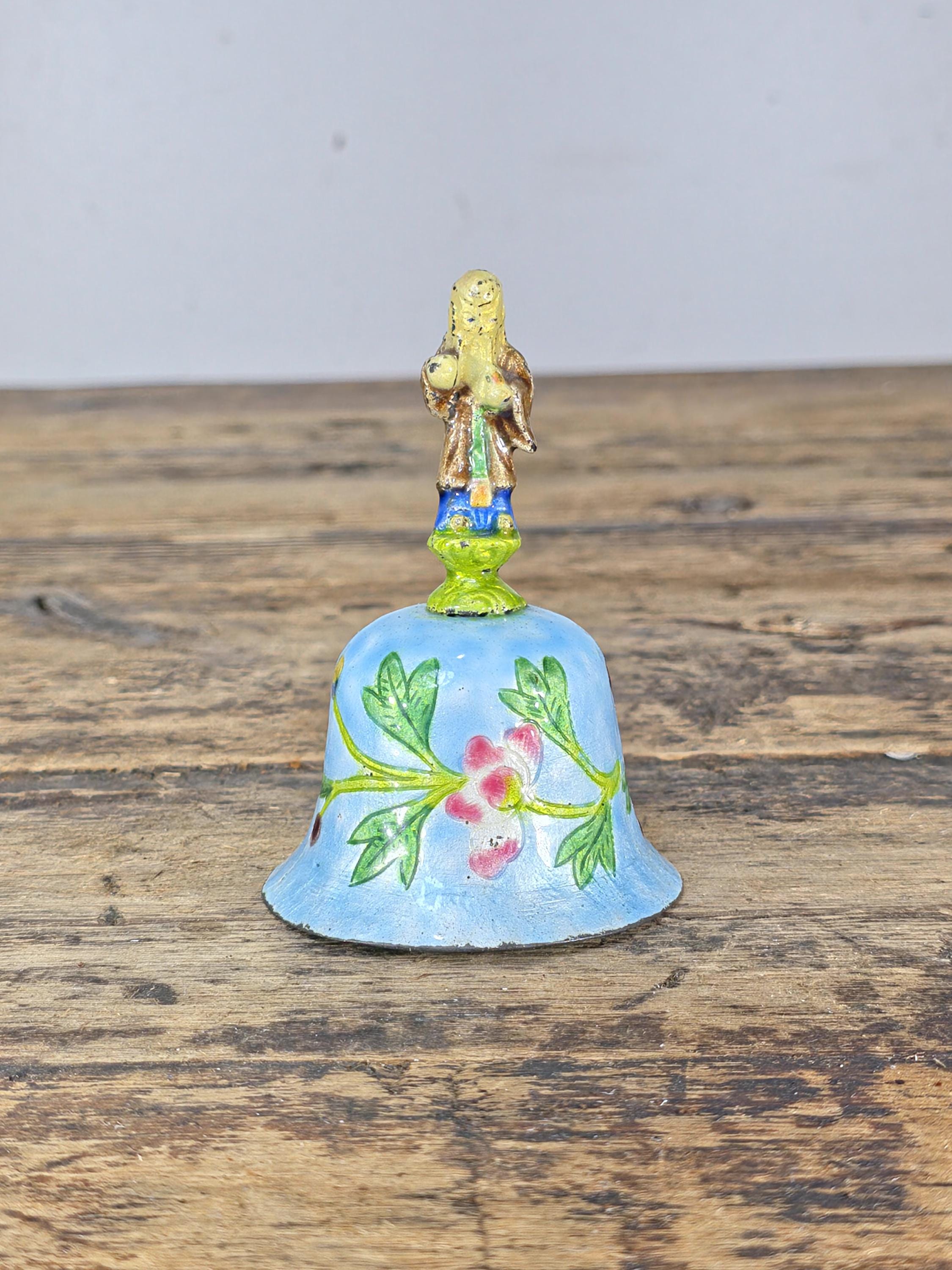 Vintage Hand Painted Enamel Metal Bell with Figure Handle, Marked CHINA