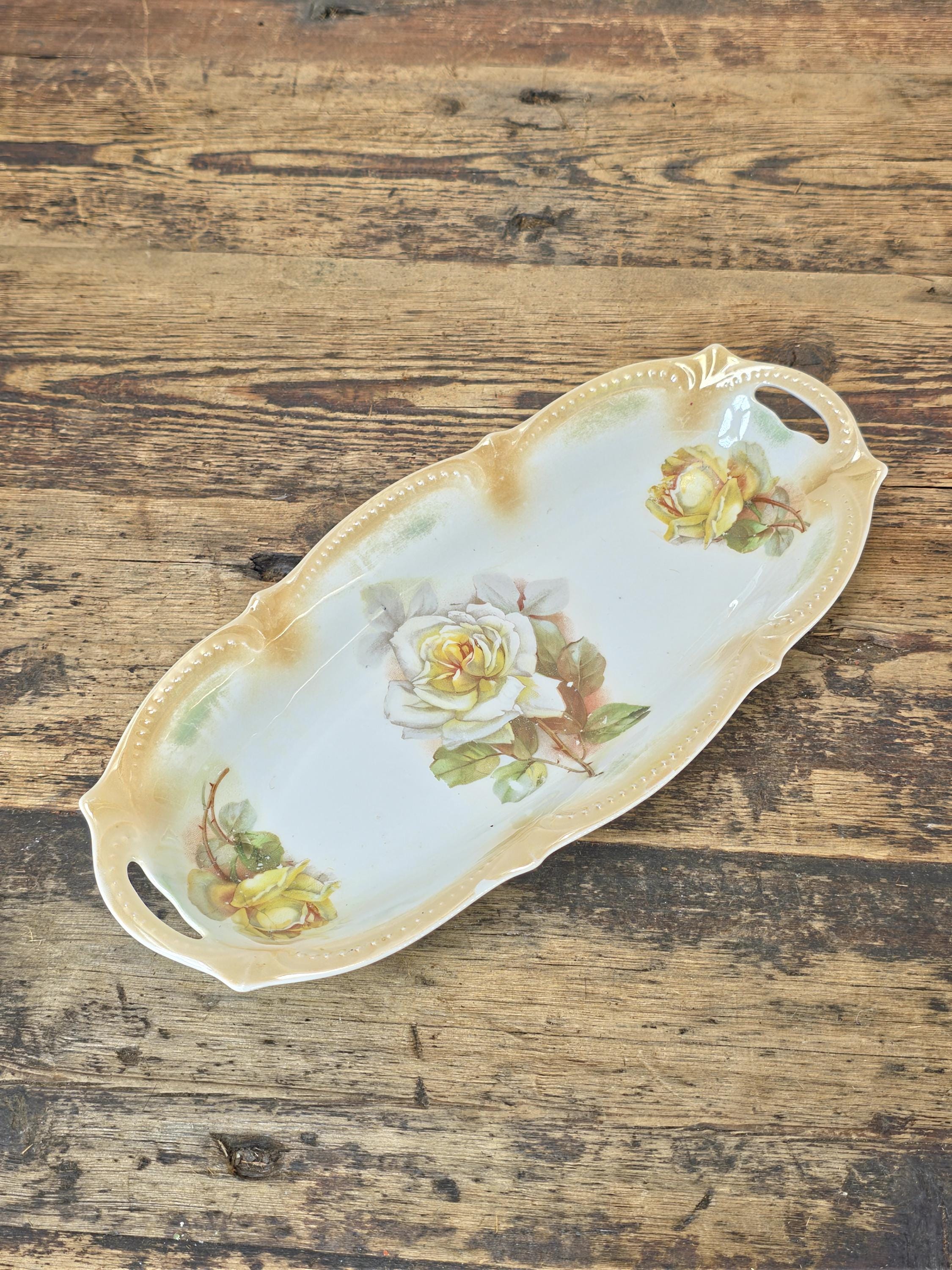 Antique PK Silesia Porcelain Oval Handled Tray Yellow Roses 12.25"