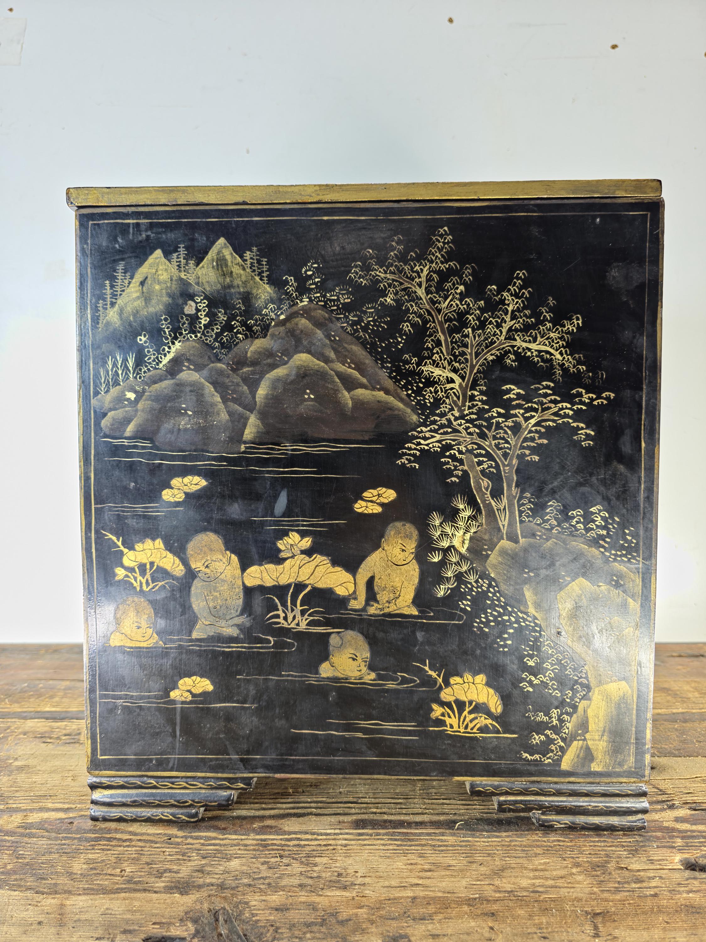 Chinese Antique Lacquer Box, Hundred Boys Motif, Drawers & Lift-Top 14.5"H