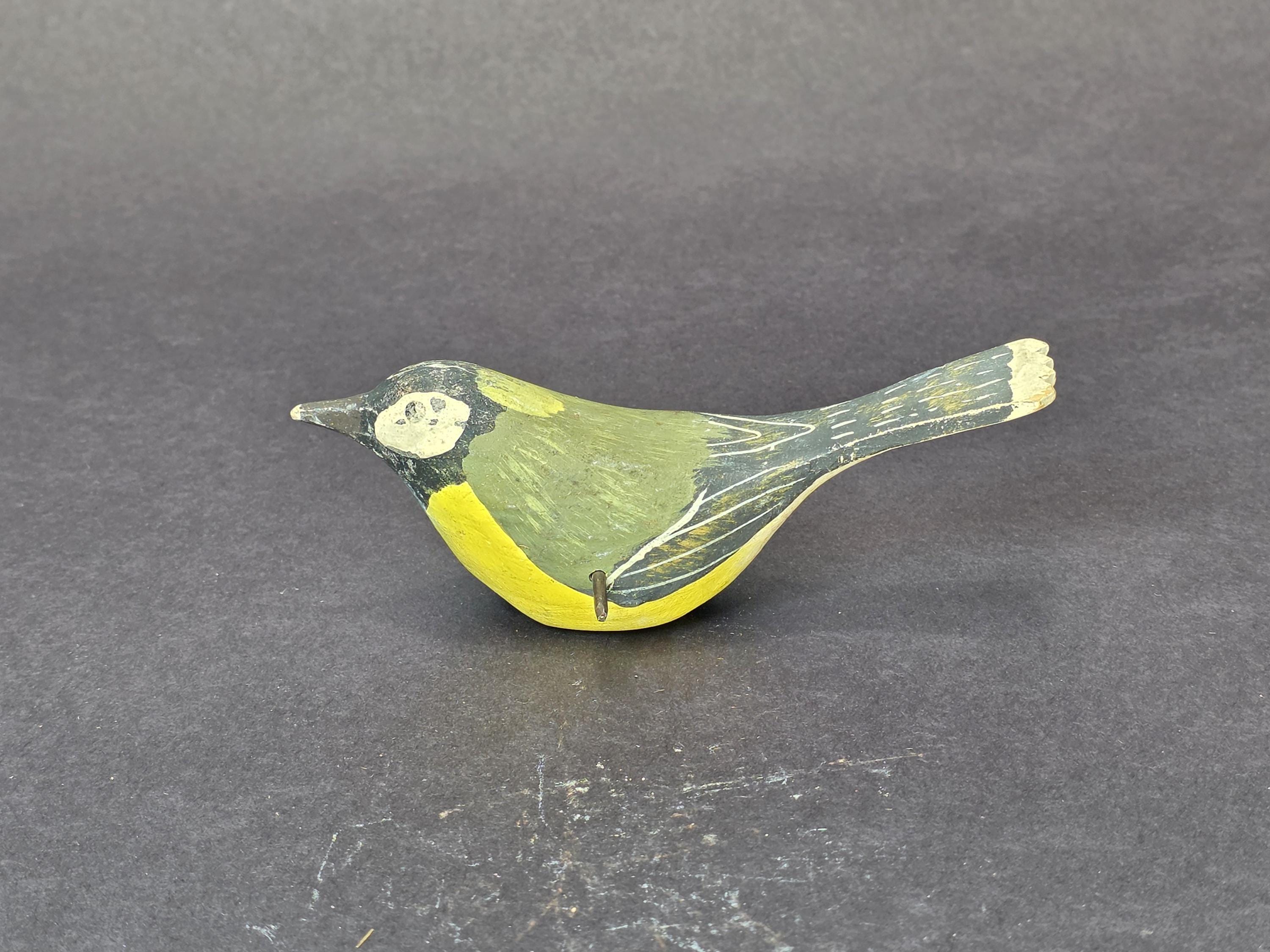 Svensk Slöjd Sweden Hand Carved Painted Wooden Bird — Green Yellow Folk Art Deco