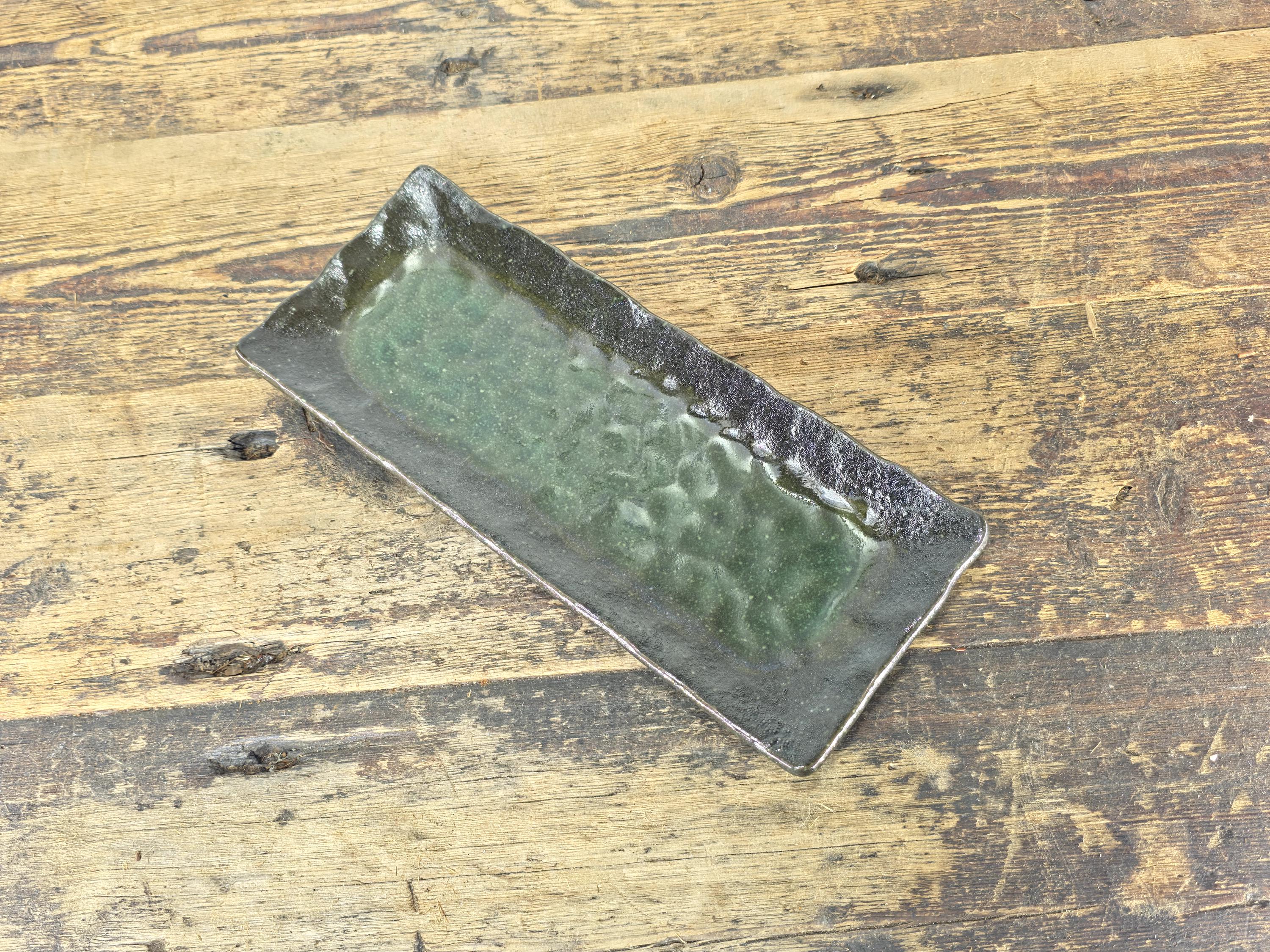 Japanese Mino Ware Rectangular Sushi Plate Green Brown Glaze 11.25" Japan