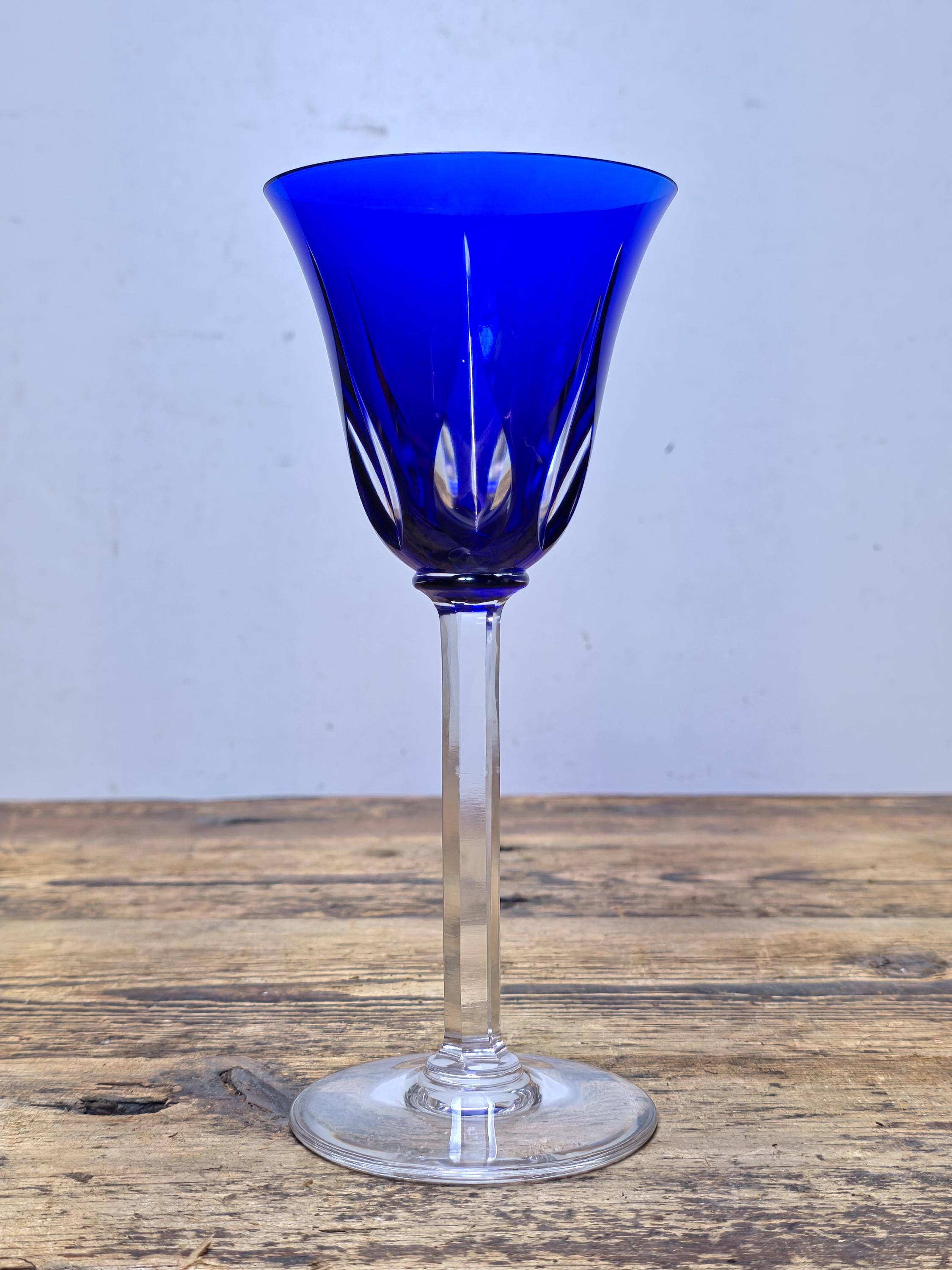 Saint Louis France Crystal Wine Glass Cerdagne Pattern Cobalt Blue 7 3/4”