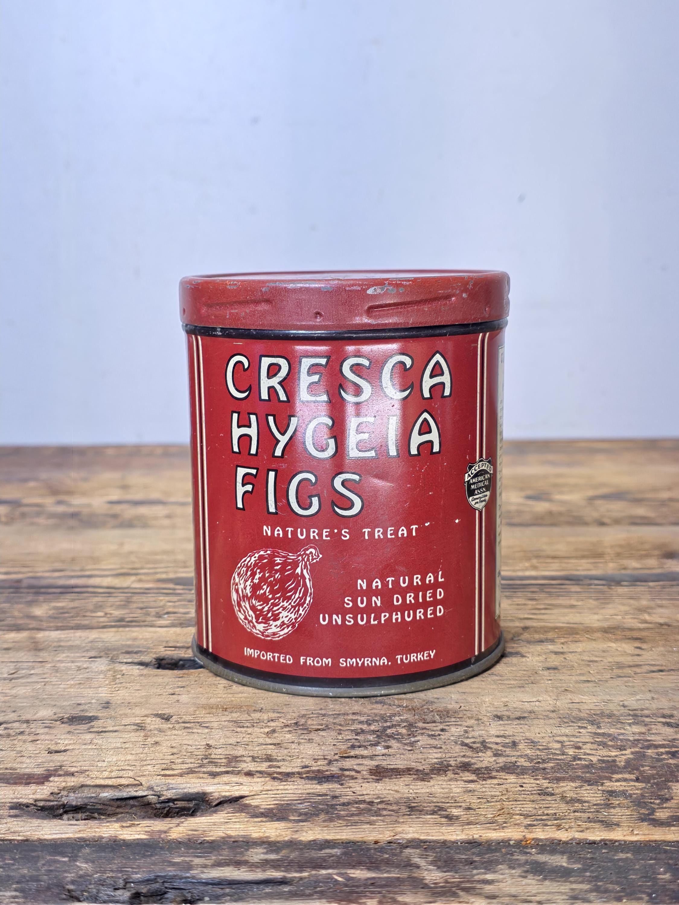 Vintage 1940s Cresca Hygeia Figs Lithographed Tin Can, Smyrna Turkey 1 lb