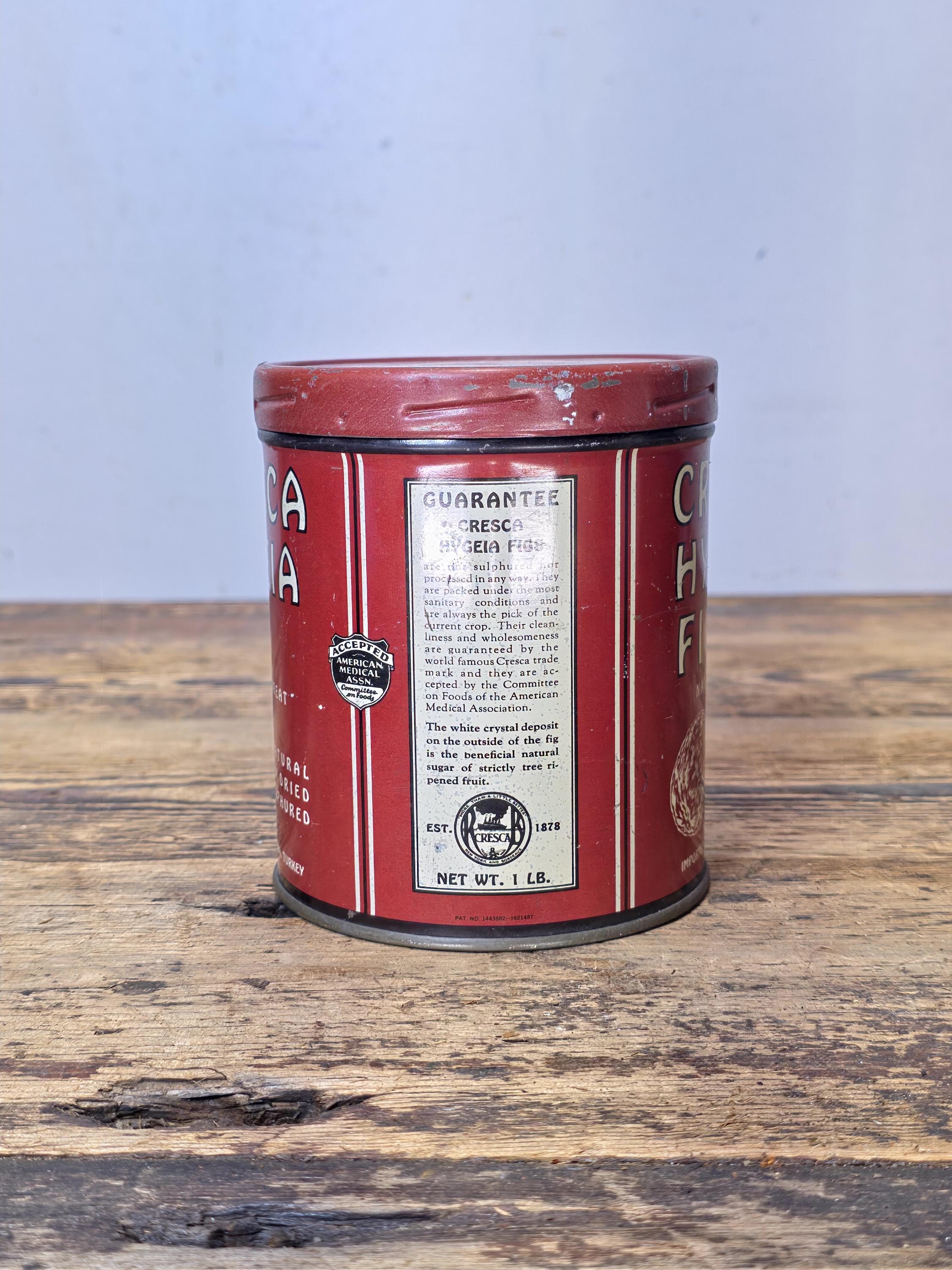Vintage 1940s Cresca Hygeia Figs Lithographed Tin Can, Smyrna Turkey 1 lb