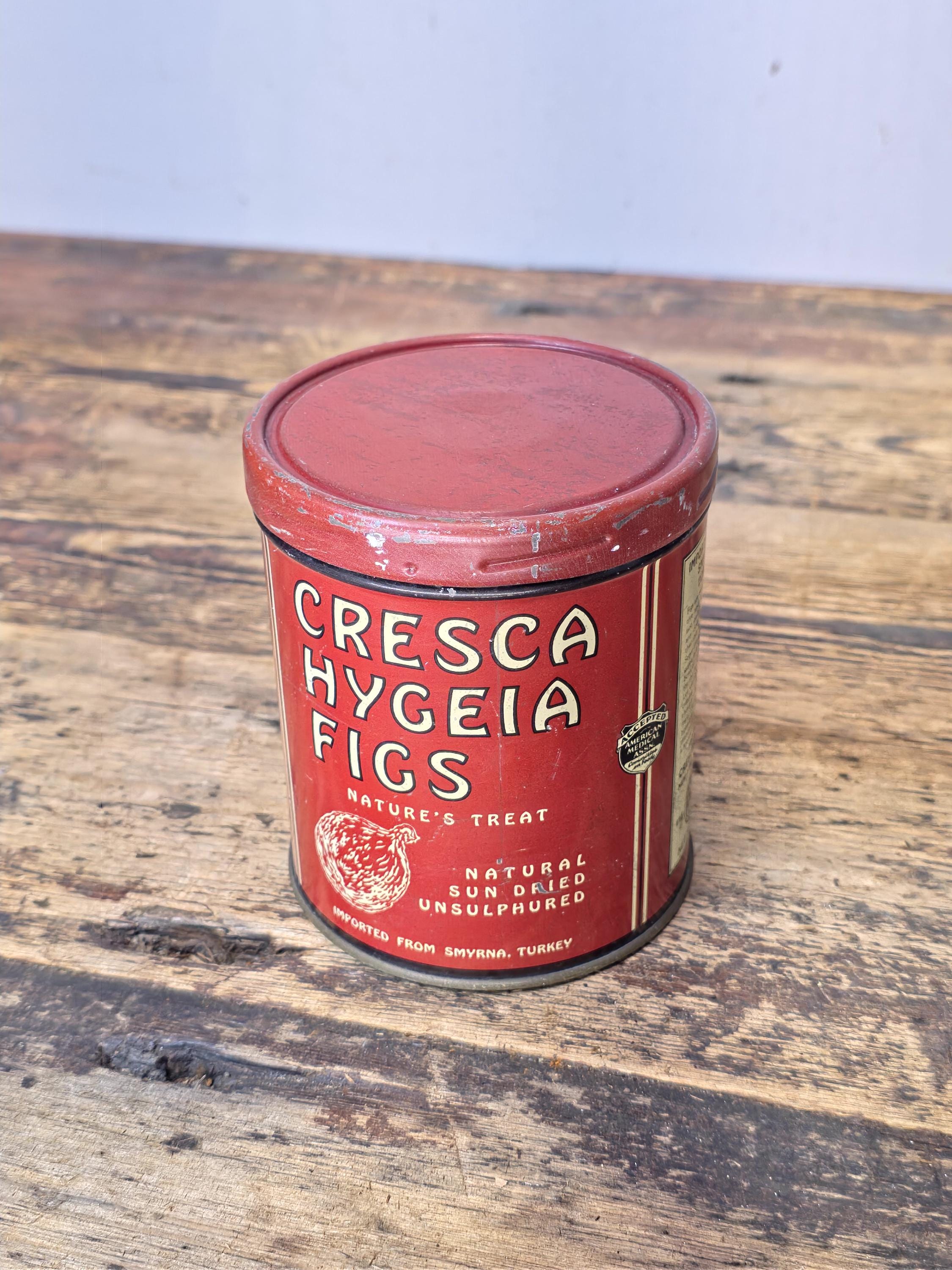Vintage 1940s Cresca Hygeia Figs Lithographed Tin Can, Smyrna Turkey 1 lb