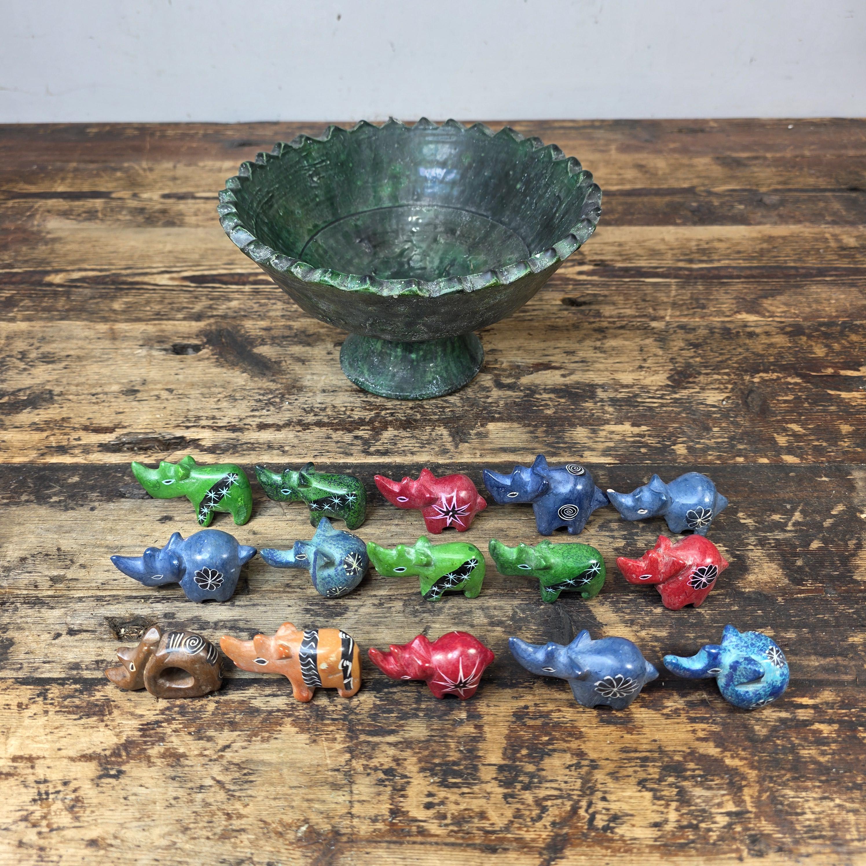 Tamegroute Green Pedestal Bowl with 15 African Soapstone Rhino Figurines
